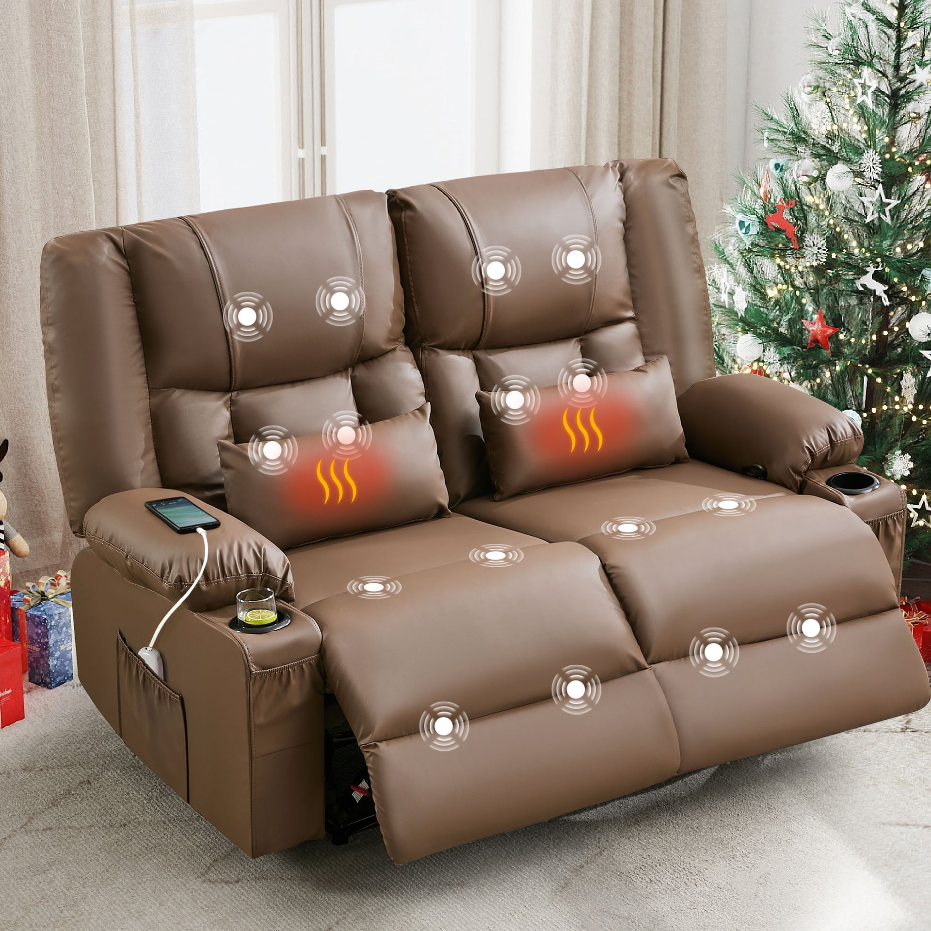 Recliner Loveseat with Massage and Heating for Living Room,Love Seat Manual Oversized Recliner with Cup Holders,Side Pocket for Adult,BROWN