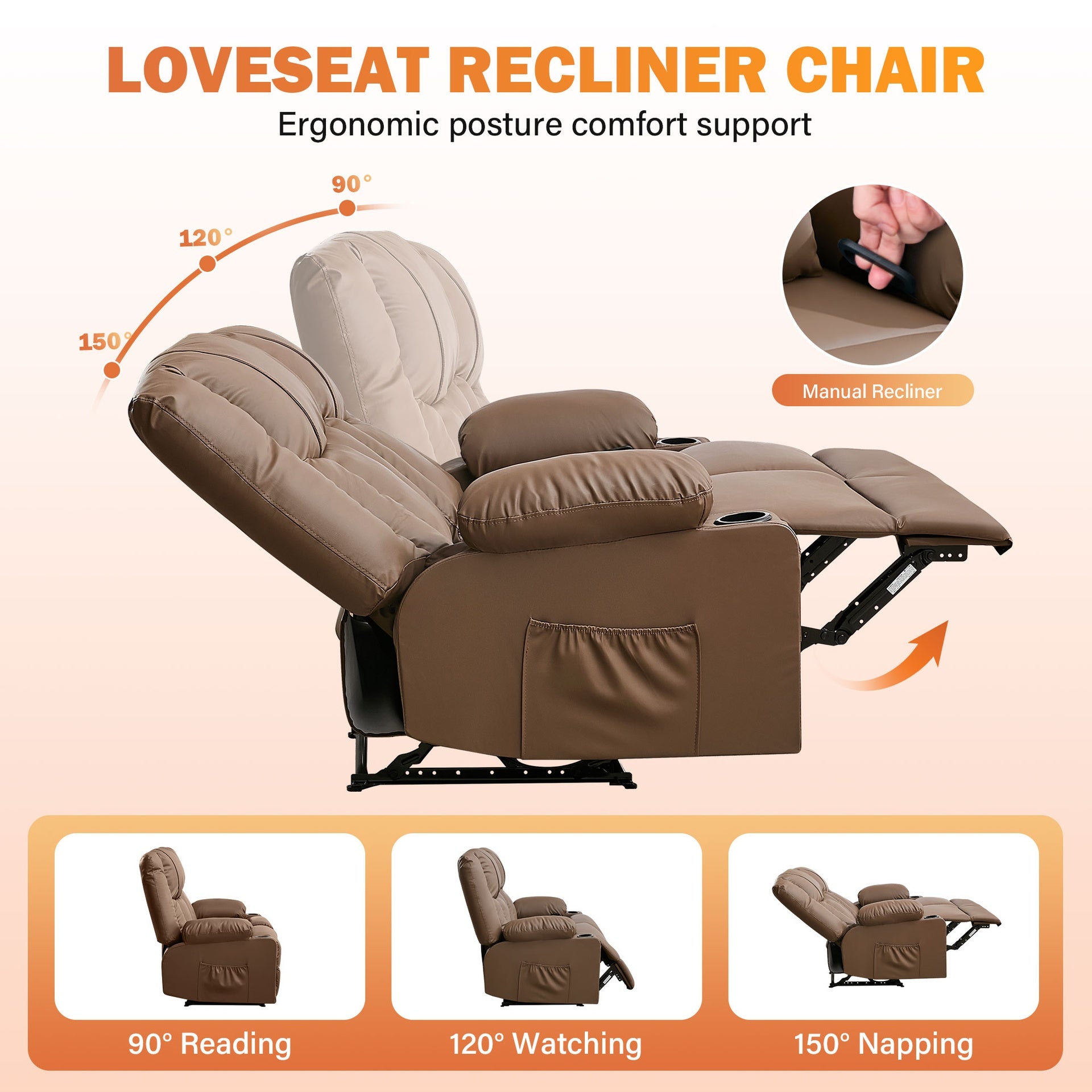 Recliner Loveseat with Massage and Heating for Living Room,Love Seat Manual Oversized Recliner with Cup Holders,Side Pocket for Adult,BROWN