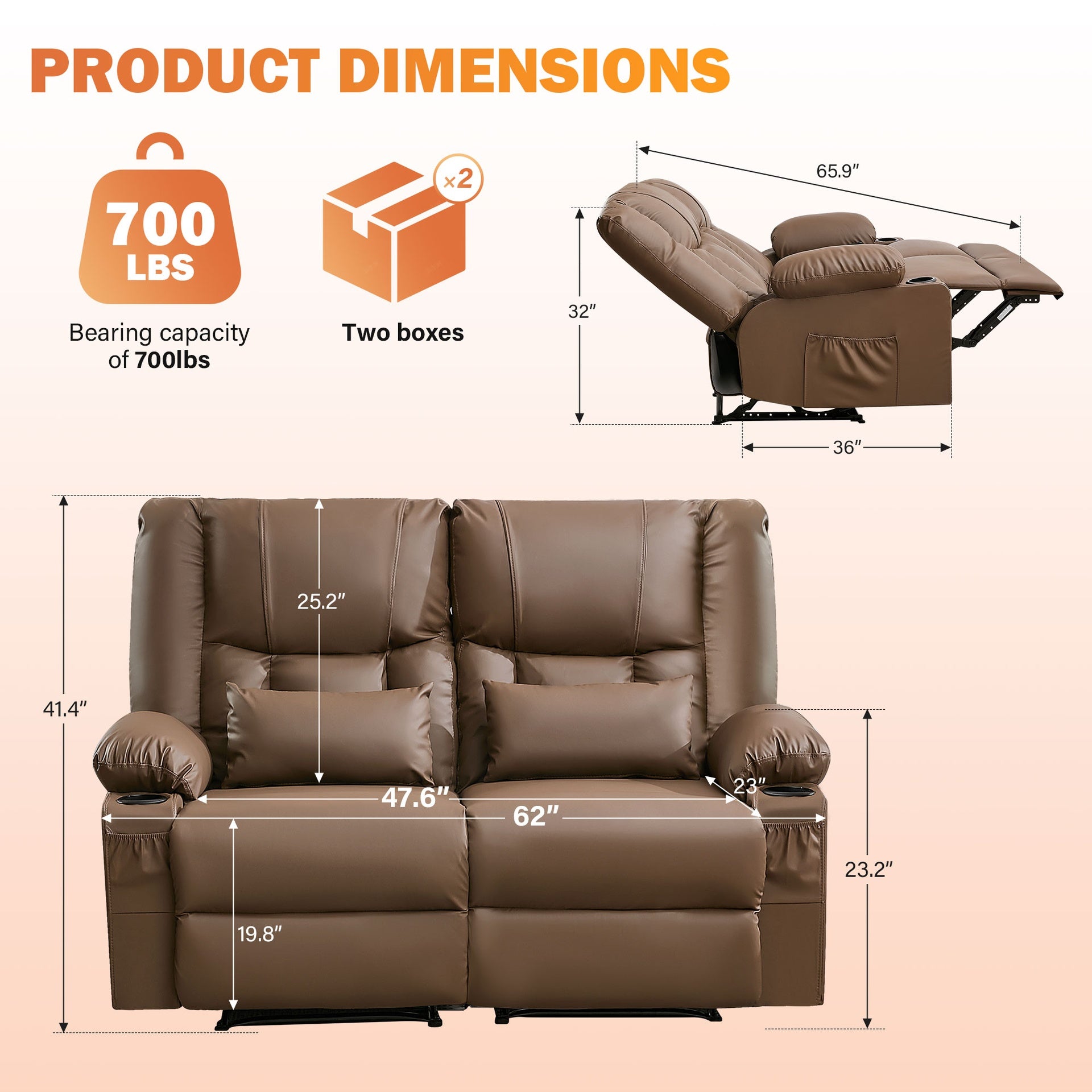 Recliner Loveseat with Massage and Heating for Living Room,Love Seat Manual Oversized Recliner with Cup Holders,Side Pocket for Adult,BROWN