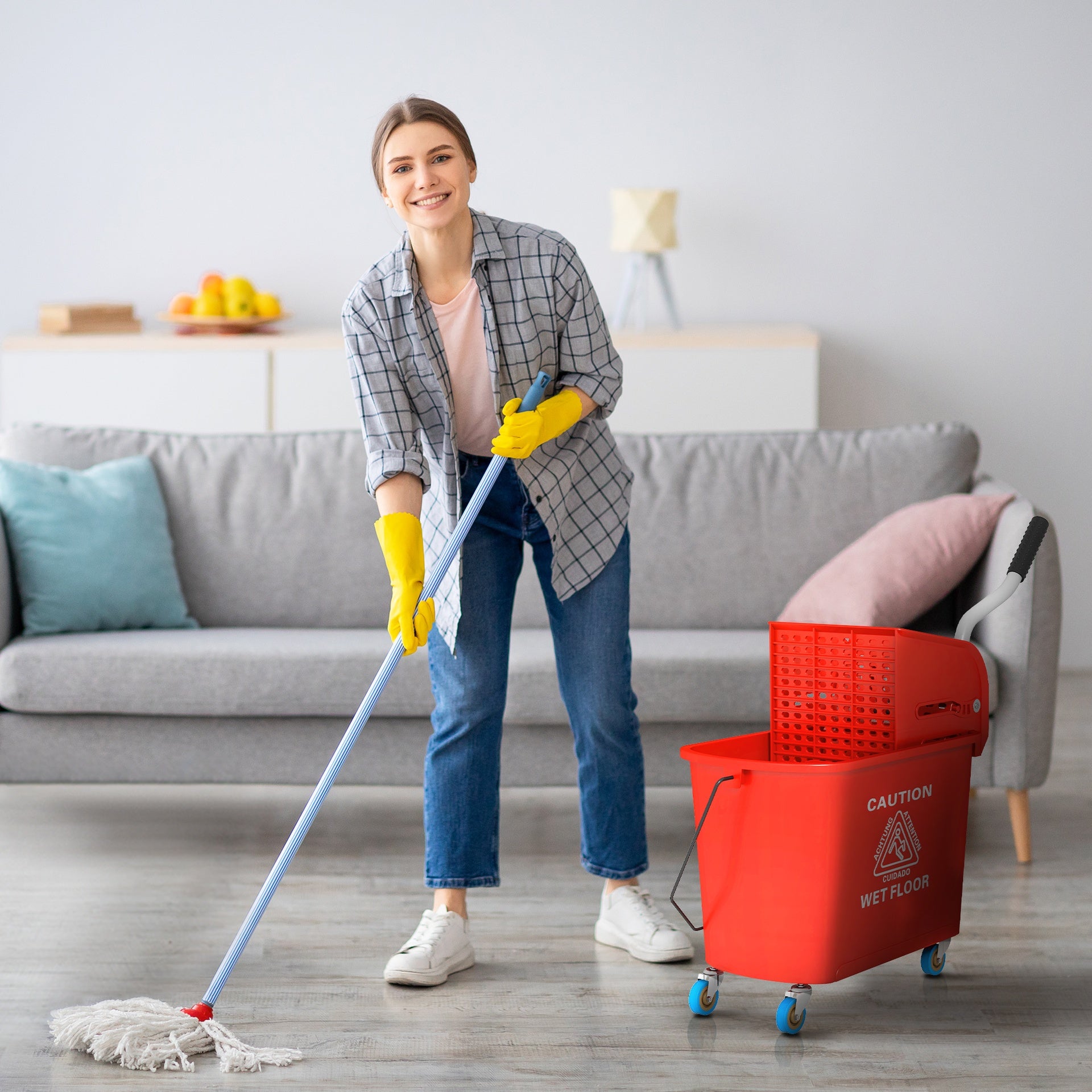 HOMCOM Compact Mop Bucket with Wringer, Mop Bucket on Wheels for Floor Cleaning, 21 Quart, Separate Dirty and Clean Water, Red