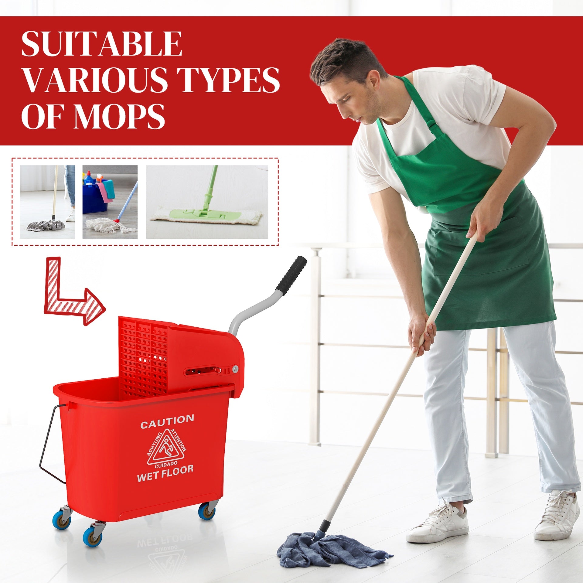 HOMCOM Compact Mop Bucket with Wringer, Mop Bucket on Wheels for Floor Cleaning, 21 Quart, Separate Dirty and Clean Water, Red