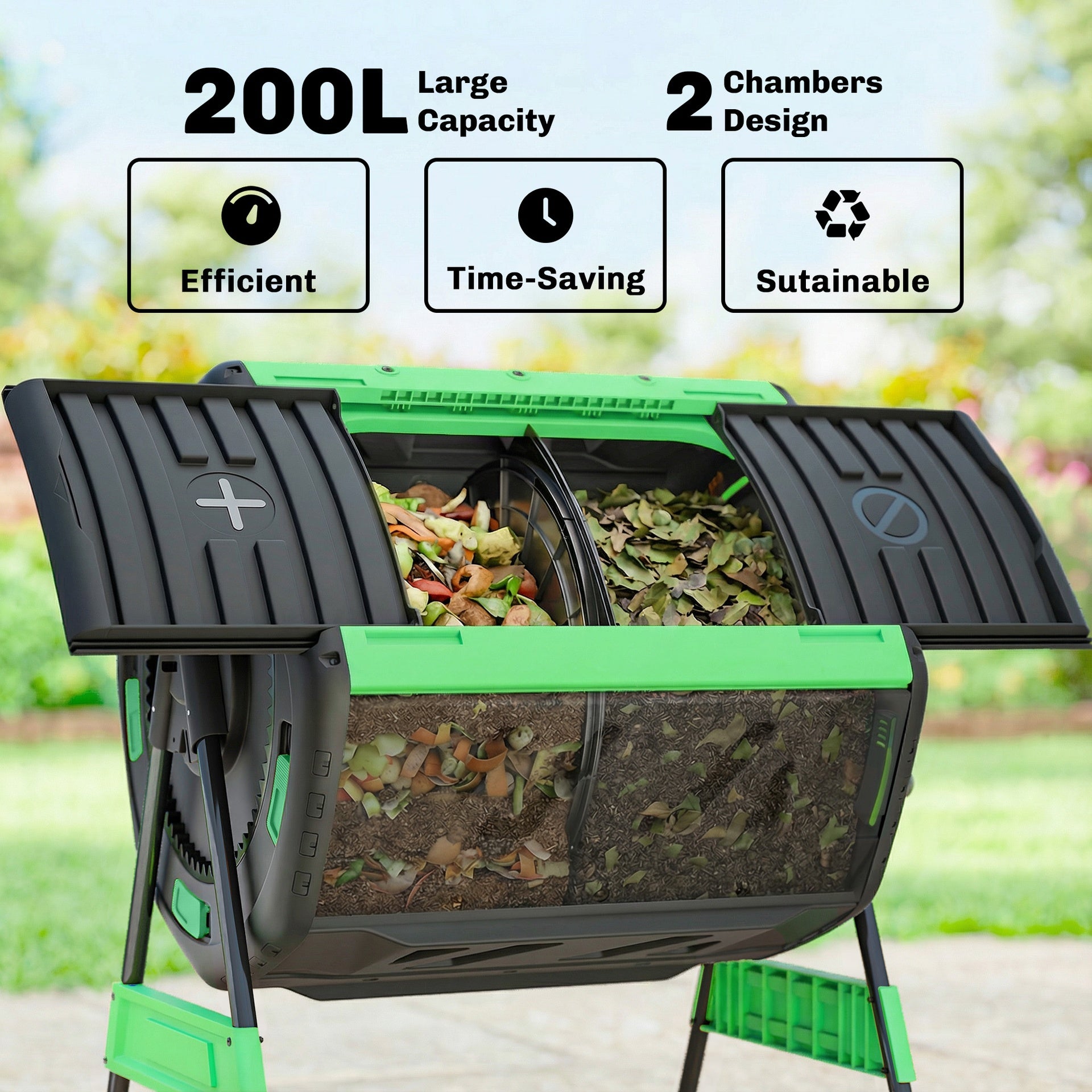 Outsunny Compost Bin Outdoor, 53 Gal Dual Chamber Tumbling Composter with Adjustable Vents, BPA Free Tumbling Composter, Green