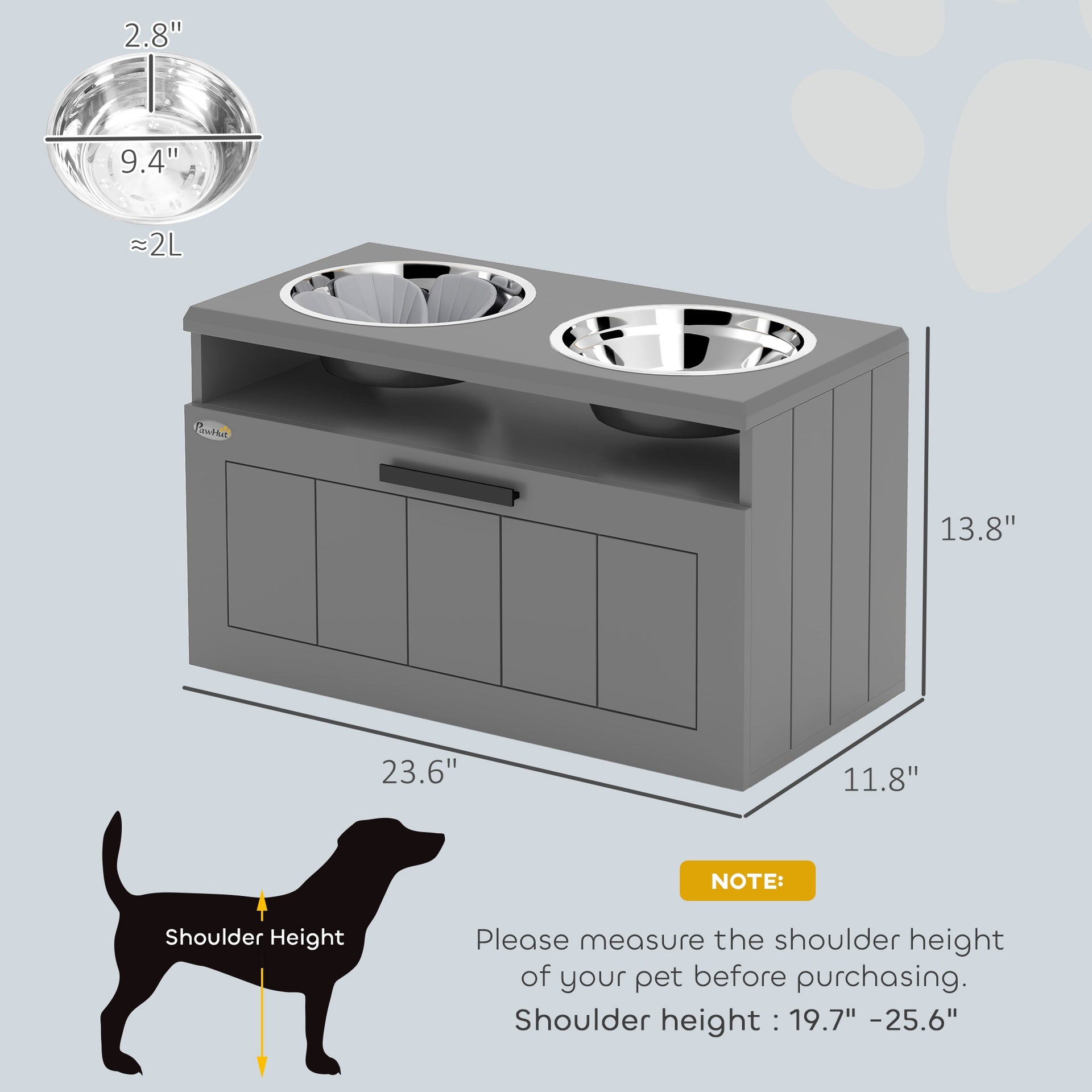 PawHut Elevated Dog Bowls, Large Breed Raised Dogs Bowl Stand with 2 Stainless Steel Bowls, Storage Drawer and Slow Feeder Mat