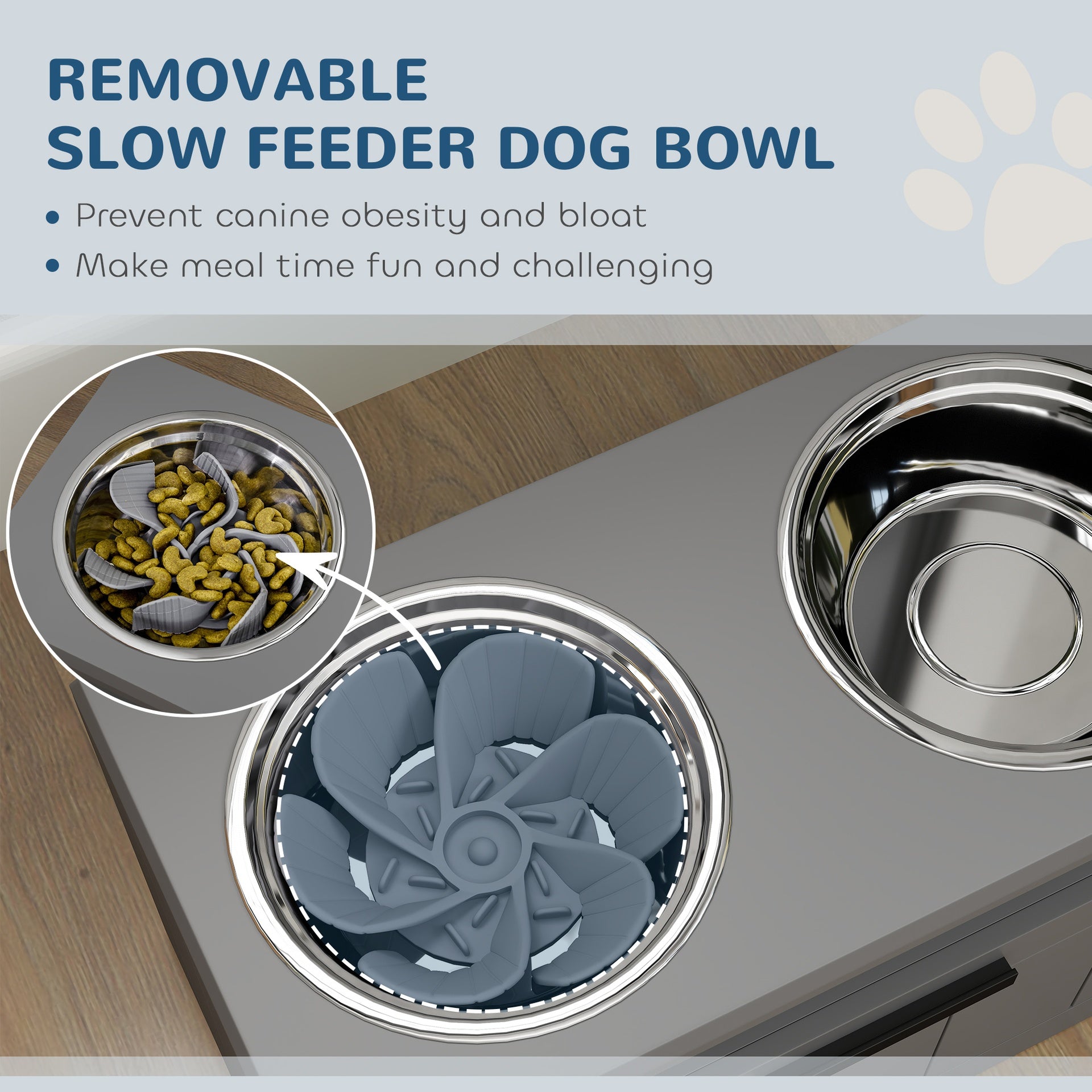 PawHut Elevated Dog Bowls, Large Breed Raised Dogs Bowl Stand with 2 Stainless Steel Bowls, Storage Drawer and Slow Feeder Mat