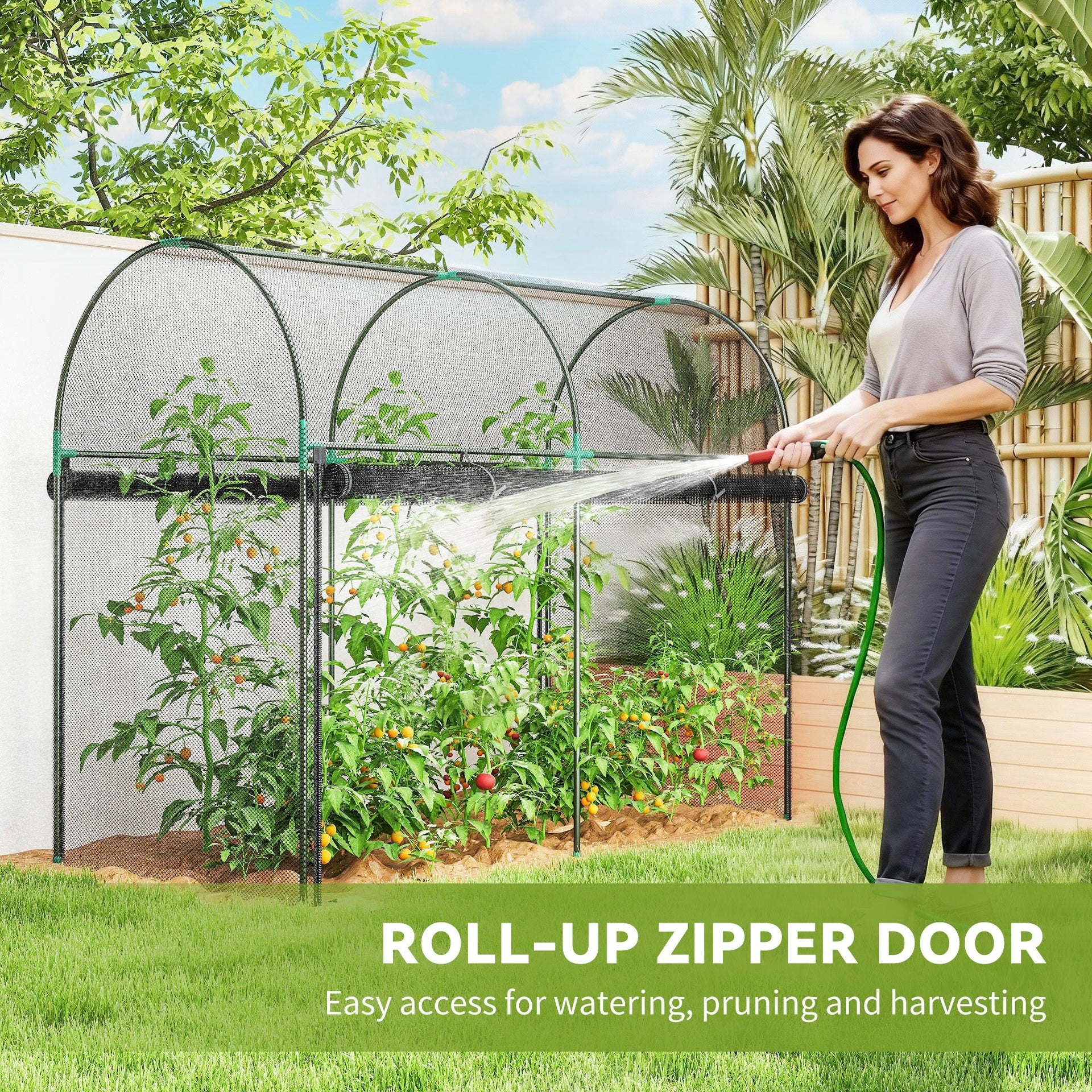 Outsunny Crop Cage, 6' x 3' x 5' Large Plant Protection Tent with Zippered Door, Outdoor Garden Cage, Black