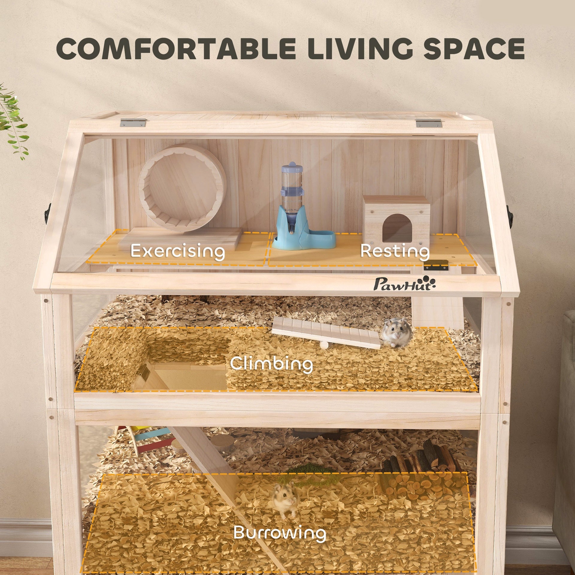 PawHut Wooden Hamster Cage with Detachable Lower Floor, Storage Shelf, Hut, Seesaw, Exercise Wheel, Ramps for Dwarf