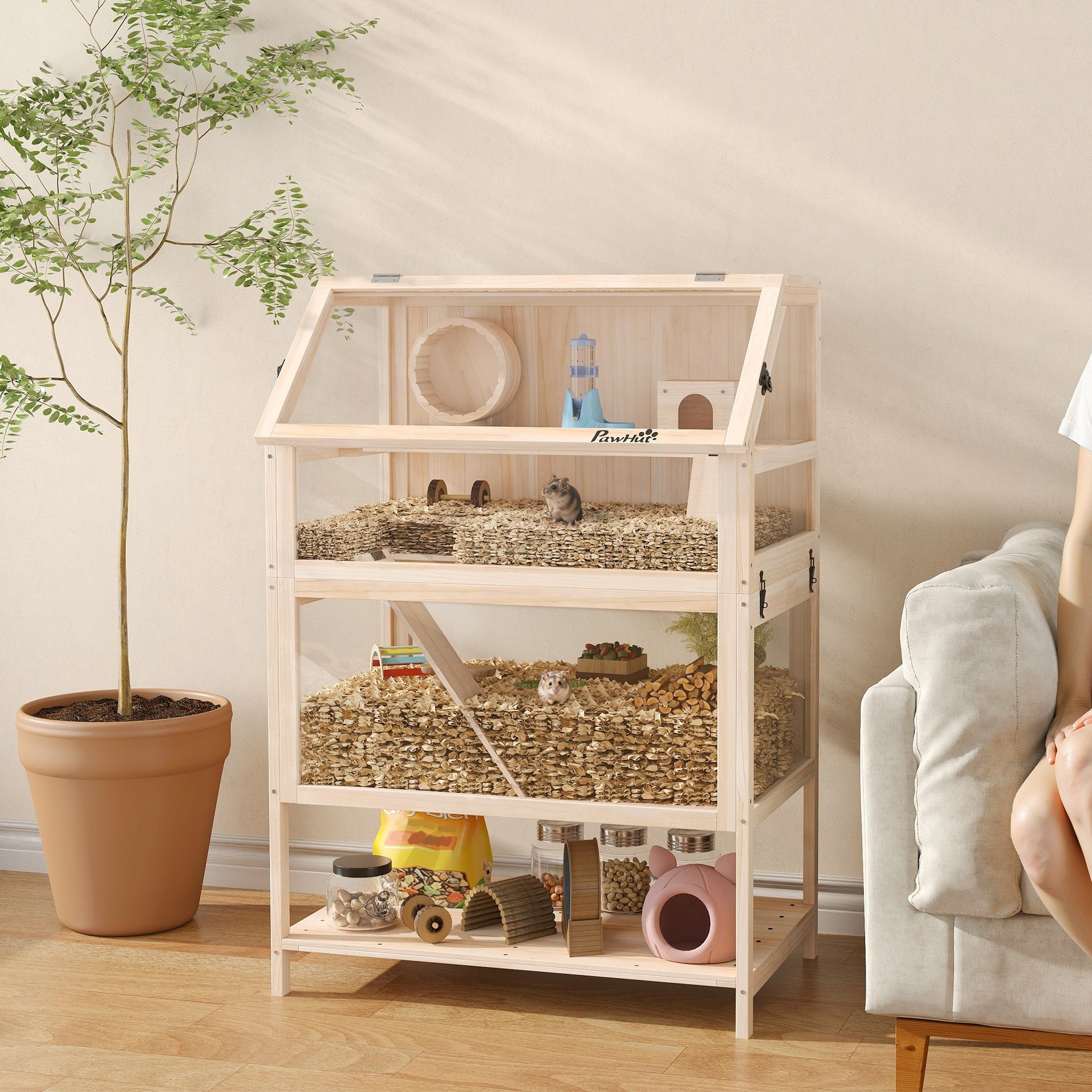 PawHut Wooden Hamster Cage with Detachable Lower Floor, Storage Shelf, Hut, Seesaw, Exercise Wheel, Ramps for Dwarf