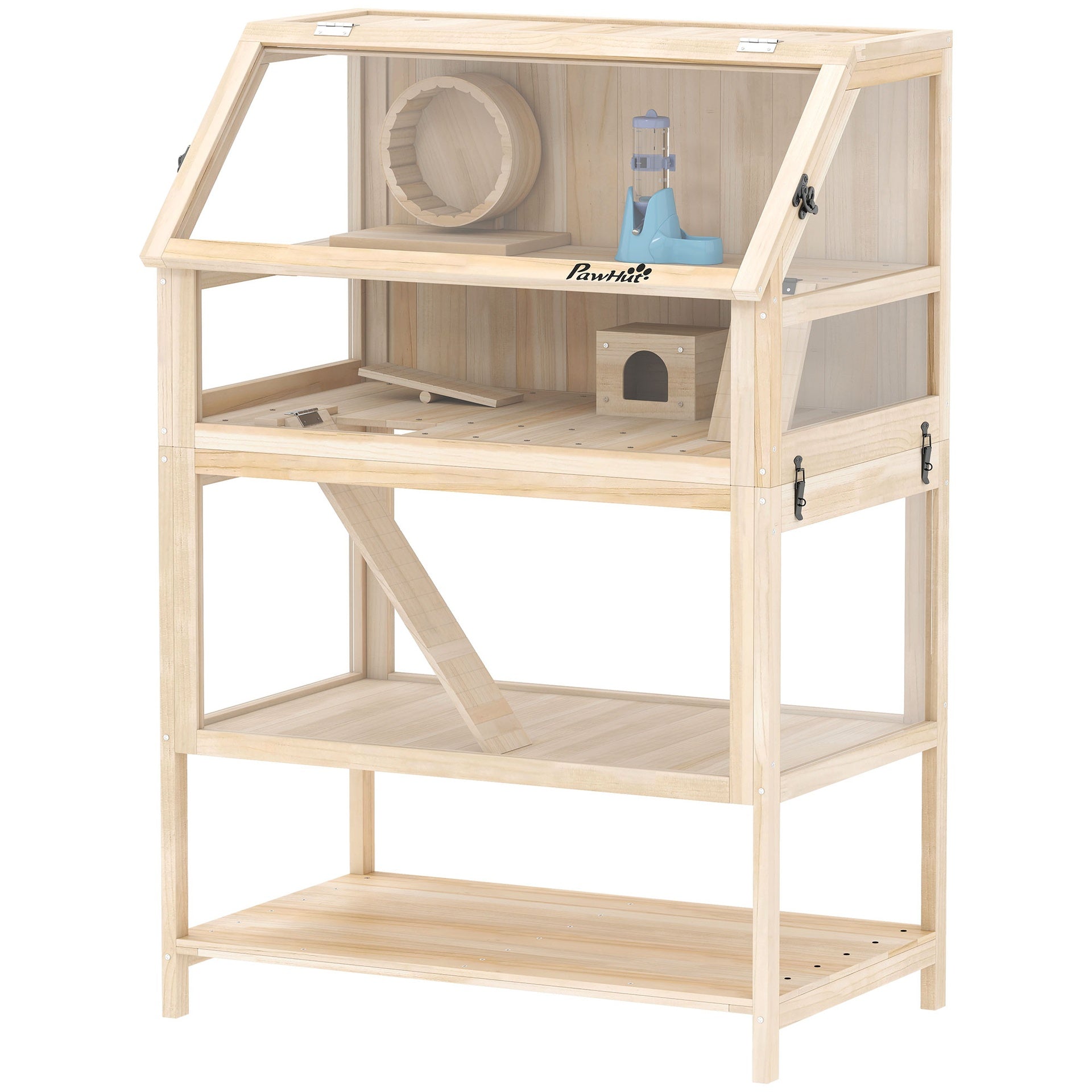 PawHut Wooden Hamster Cage with Detachable Lower Floor, Storage Shelf, Hut, Seesaw, Exercise Wheel, Ramps for Dwarf