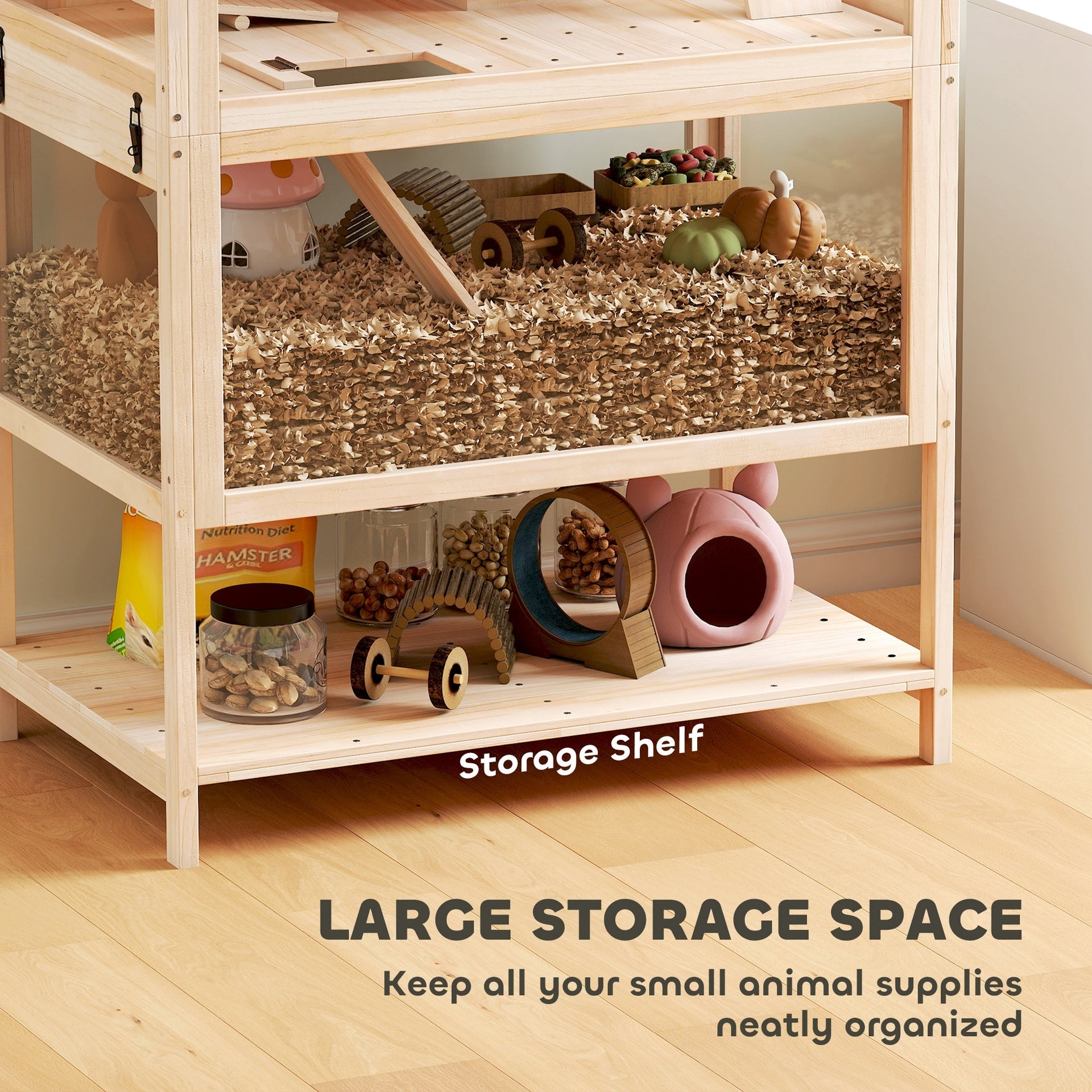 PawHut Wooden Hamster Cage with Detachable Lower Floor, Storage Shelf, Hut, Seesaw, Exercise Wheel, Ramps for Dwarf