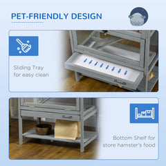 PawHut Wooden Hamster Cage with Storage Shelf, Large Rat Mouse Habitat Including Seesaw, Small Animal Cage with Sliding Tray, Wide Ramp for Racing, Running Wheel, 35.5" H
