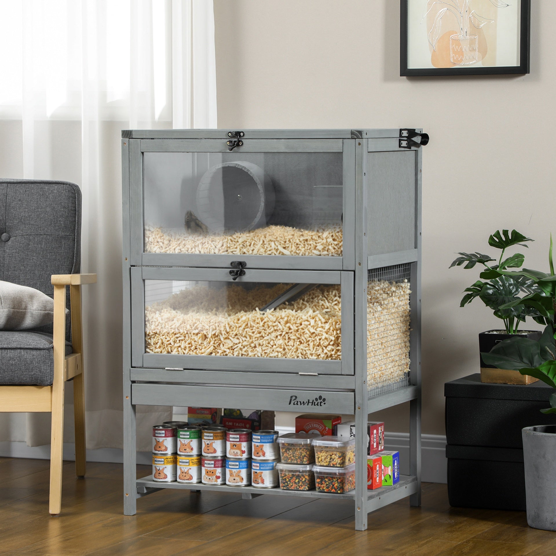 PawHut Wooden Hamster Cage with Storage Shelf, Large Rat Mouse Habitat Including Seesaw, Small Animal Cage with Sliding Tray, Wide Ramp for Racing, Running Wheel, 35.5" H