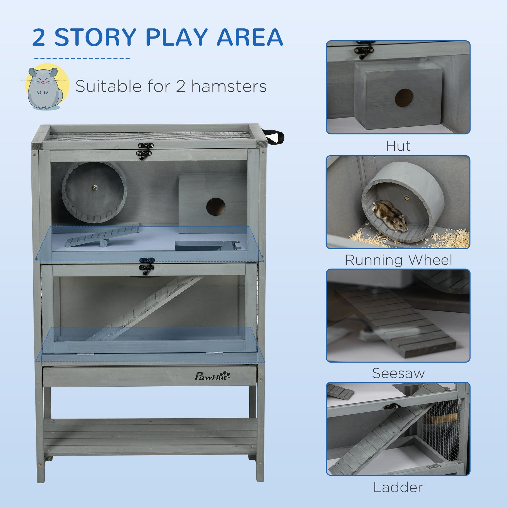 PawHut Wooden Hamster Cage with Storage Shelf, Large Rat Mouse Habitat Including Seesaw, Small Animal Cage with Sliding Tray, Wide Ramp for Racing, Running Wheel, 35.5" H