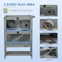 PawHut Wooden Hamster Cage with Storage Shelf, Large Rat Mouse Habitat Including Seesaw, Small Animal Cage with Sliding Tray, Wide Ramp for Racing, Running Wheel, 35.5" H
