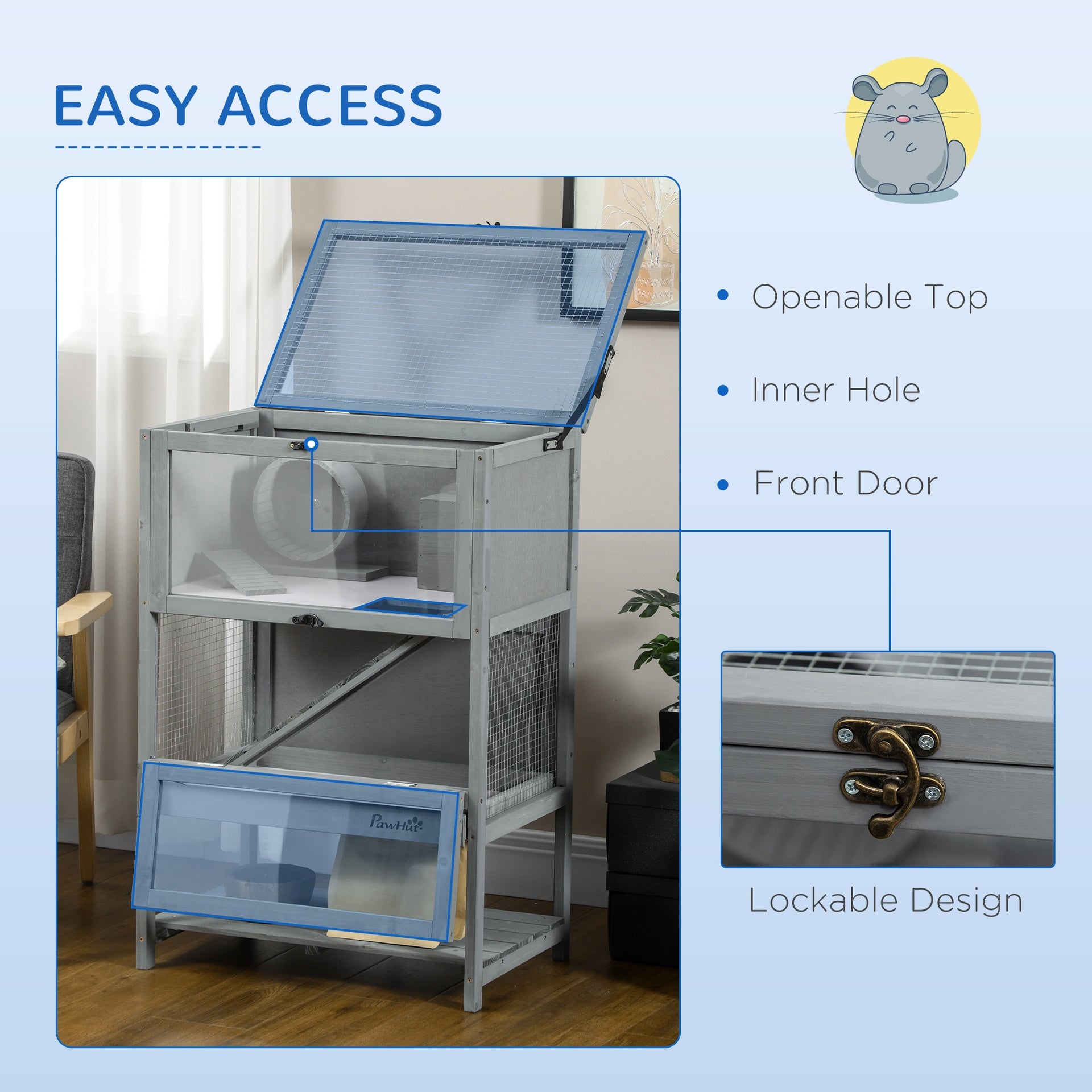 PawHut Wooden Hamster Cage with Storage Shelf, Large Rat Mouse Habitat Including Seesaw, Small Animal Cage with Sliding Tray, Wide Ramp for Racing, Running Wheel, 35.5" H