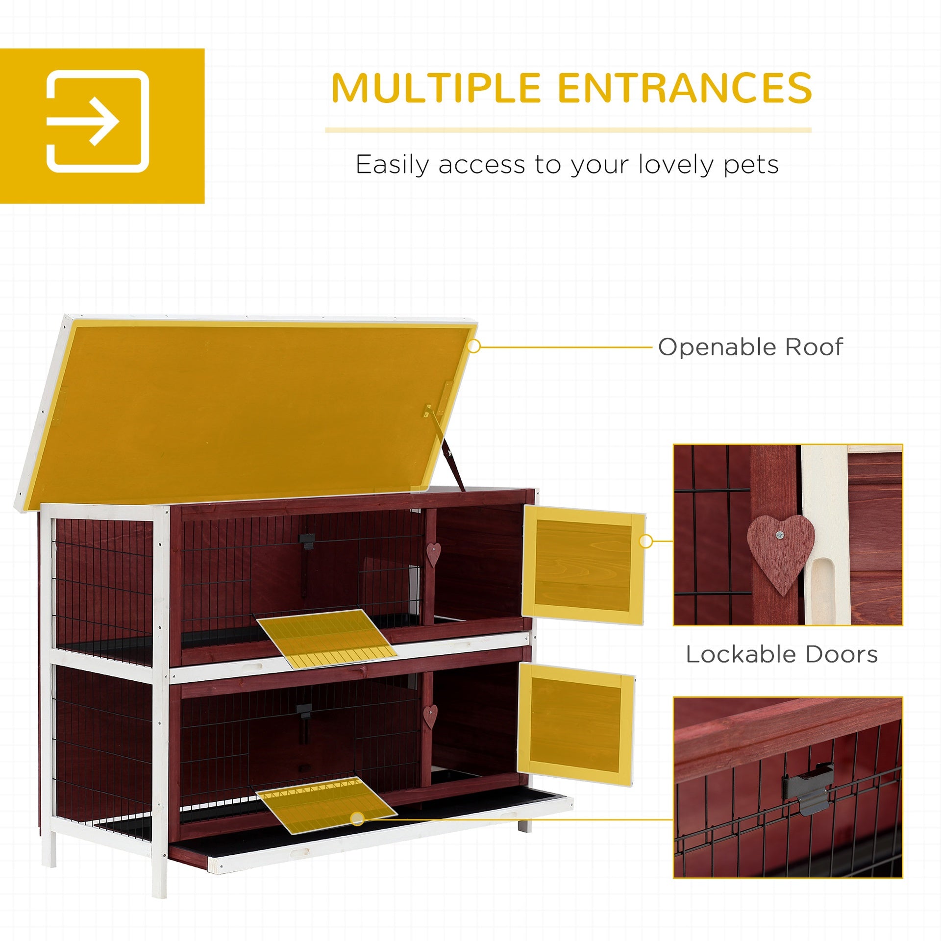 PawHut 54" 2-Story Weatherproof Stackable Elevated Wooden Rabbit Hutch with Enclosed Run and Pull-Out Trays