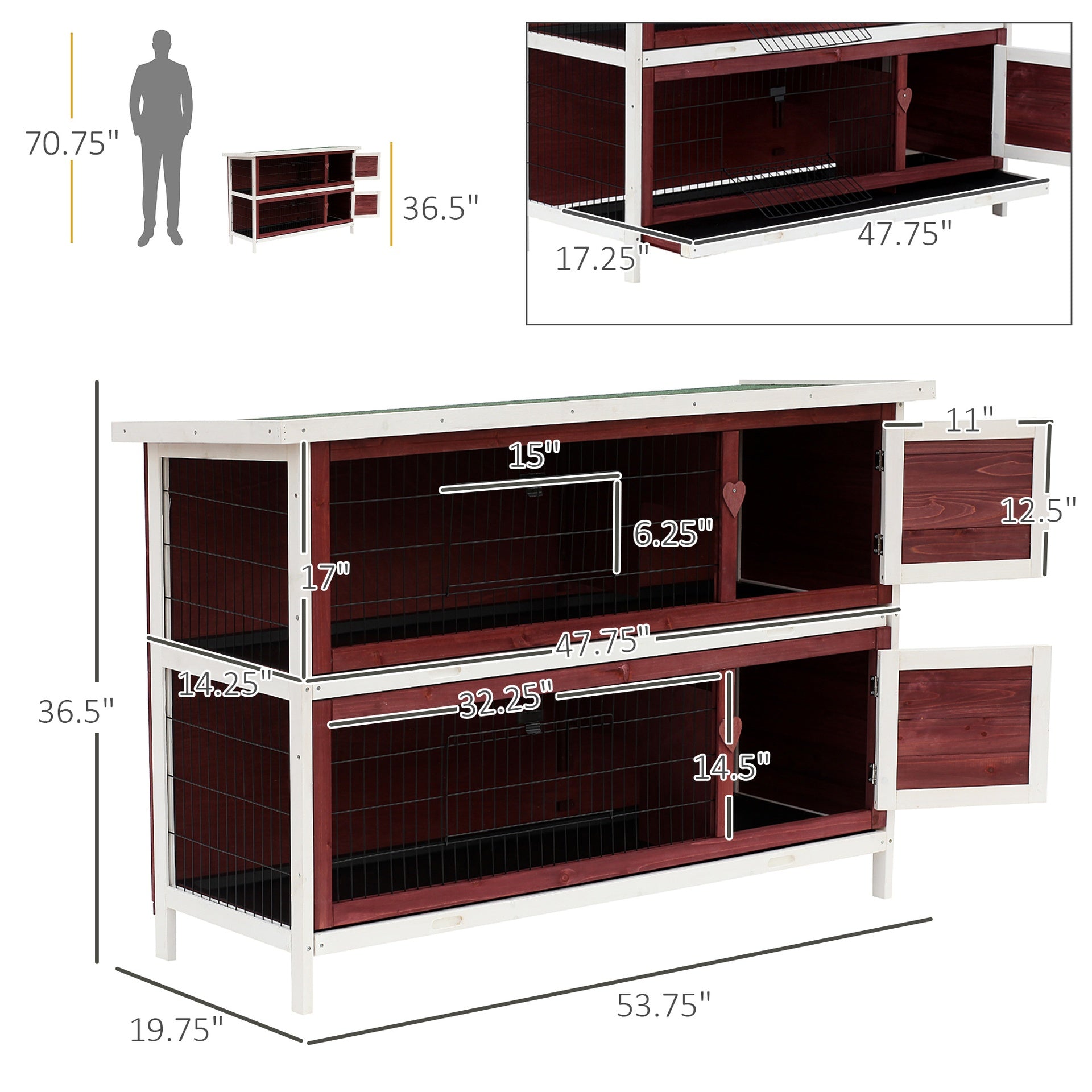 PawHut 54" 2-Story Weatherproof Stackable Elevated Wooden Rabbit Hutch with Enclosed Run and Pull-Out Trays