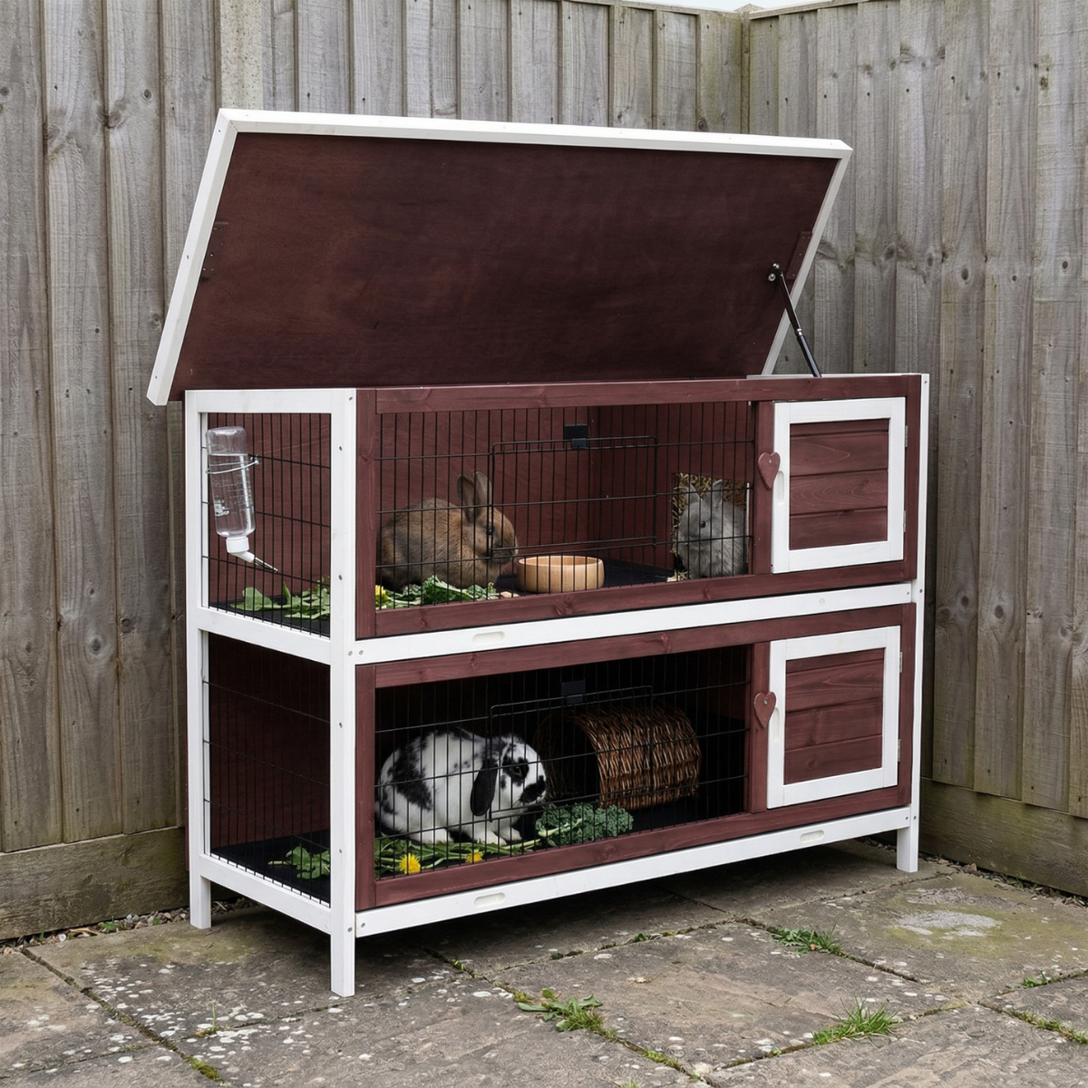 PawHut 54" 2-Story Weatherproof Stackable Elevated Wooden Rabbit Hutch with Enclosed Run and Pull-Out Trays