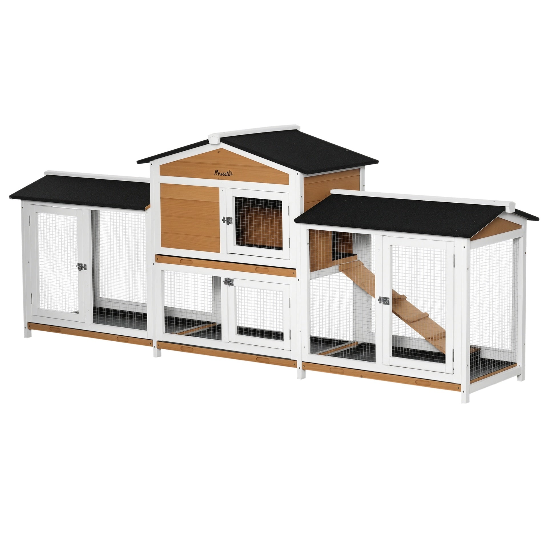 PawHut 90.5" Wooden Rabbit Hutch Bunny Cage Pet Playpen House Enclosure with Double Side Run Boxes, No Leak Tray, Ramp, for Rabbits, Chickens, Ducks, Guinea Pig and Small Animals, White