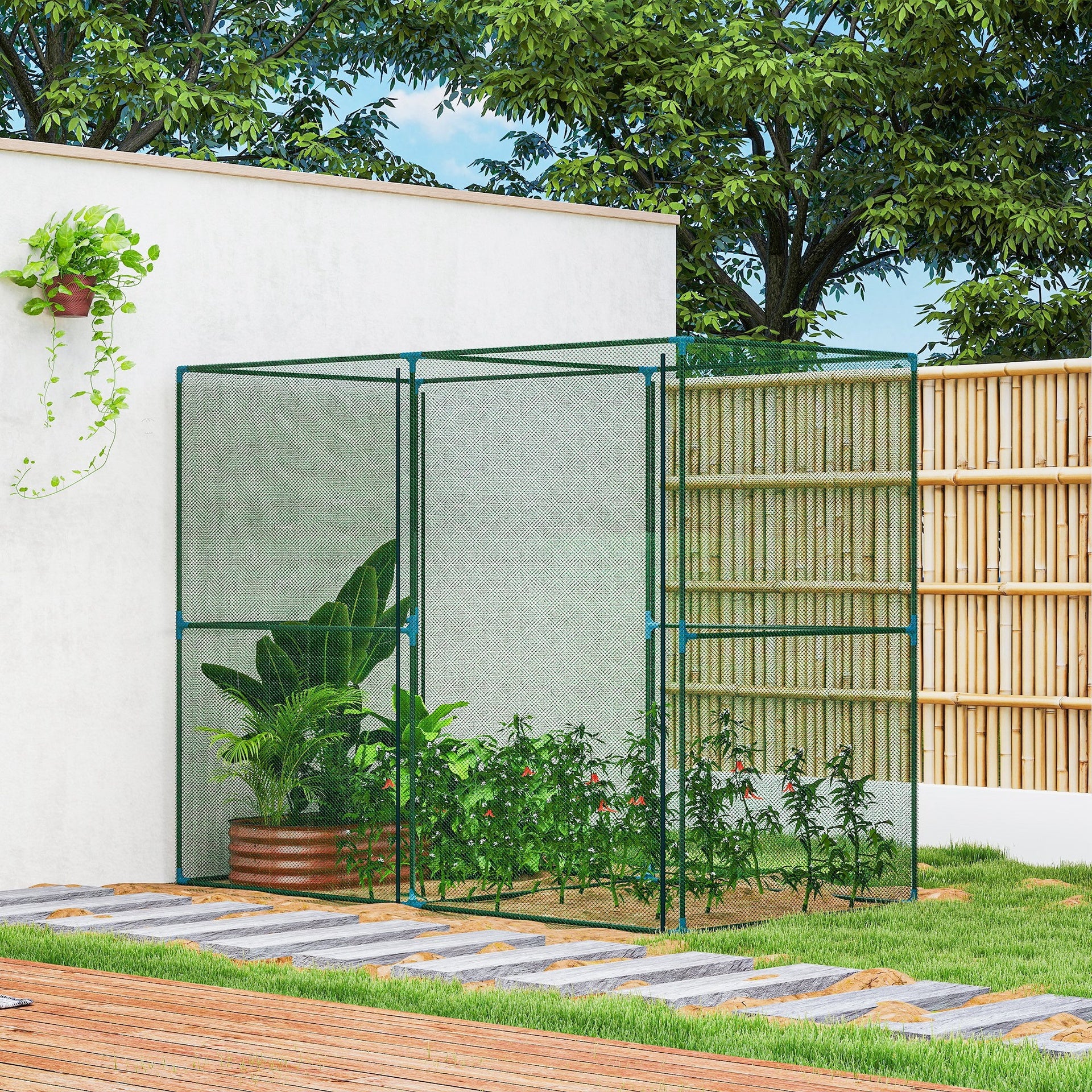 Outsunny Walk-in Crop Cage, Plant Protectors from Animals with Roll Up Zippered Door, 7.9' x 3.9' x 6.1', Green