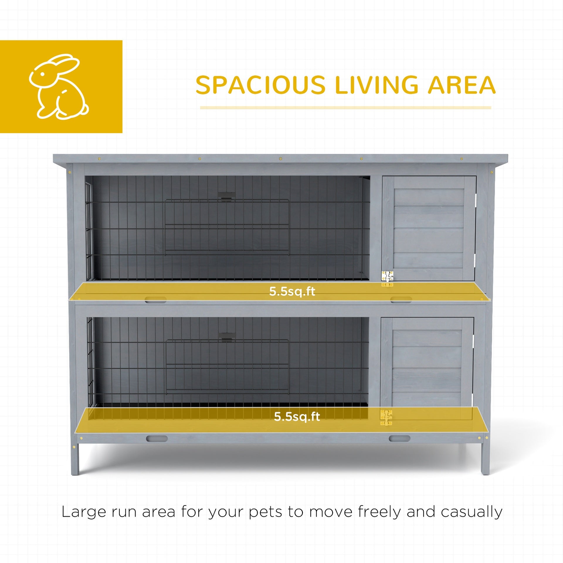 PawHut 54" 2-Story Large Rabbit Hutch Bunny Cage Wooden Pet House Small Animal Habitat Lockable Doors, Tray, Roof, Gray