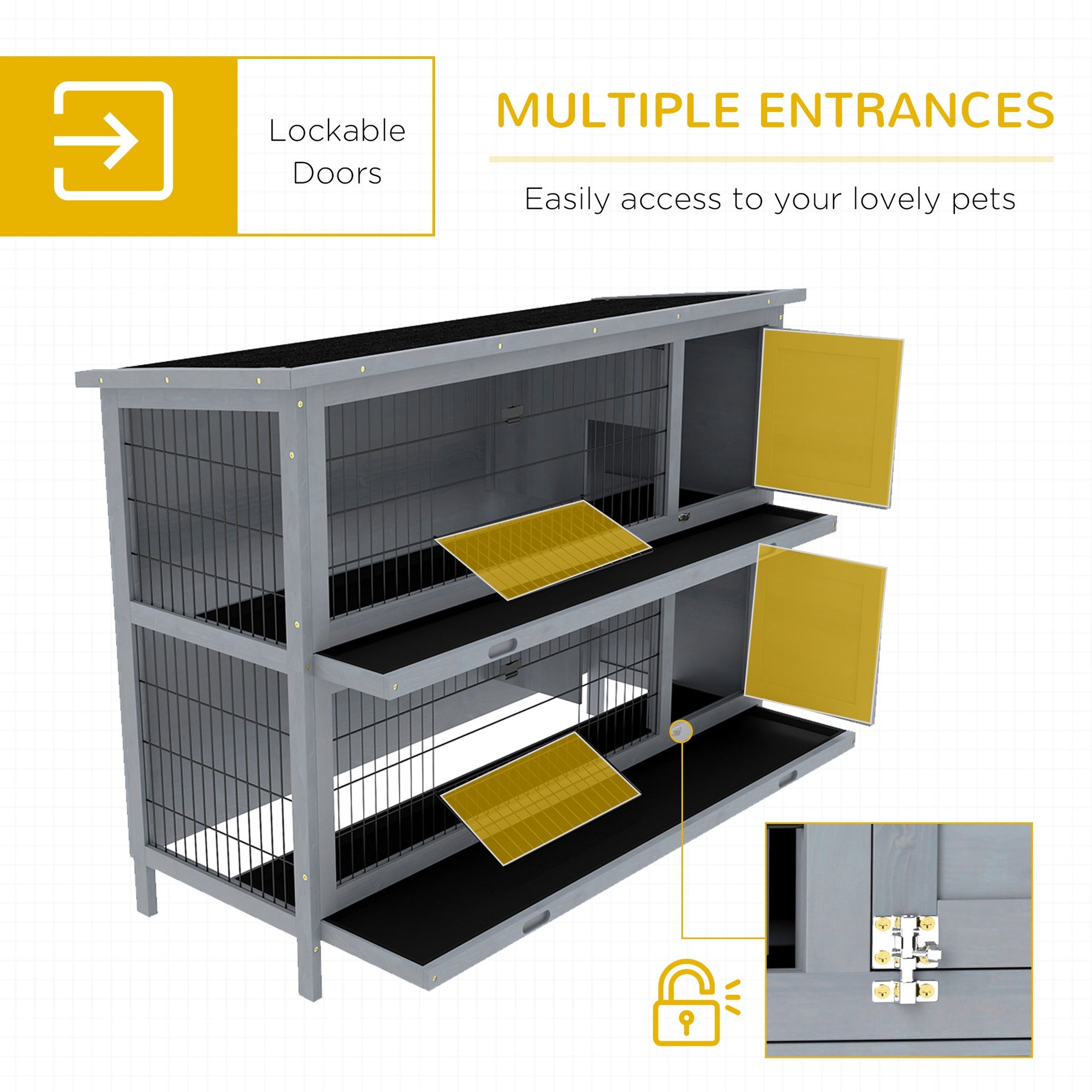 PawHut 54" 2-Story Large Rabbit Hutch Bunny Cage Wooden Pet House Small Animal Habitat Lockable Doors, Tray, Roof, Gray