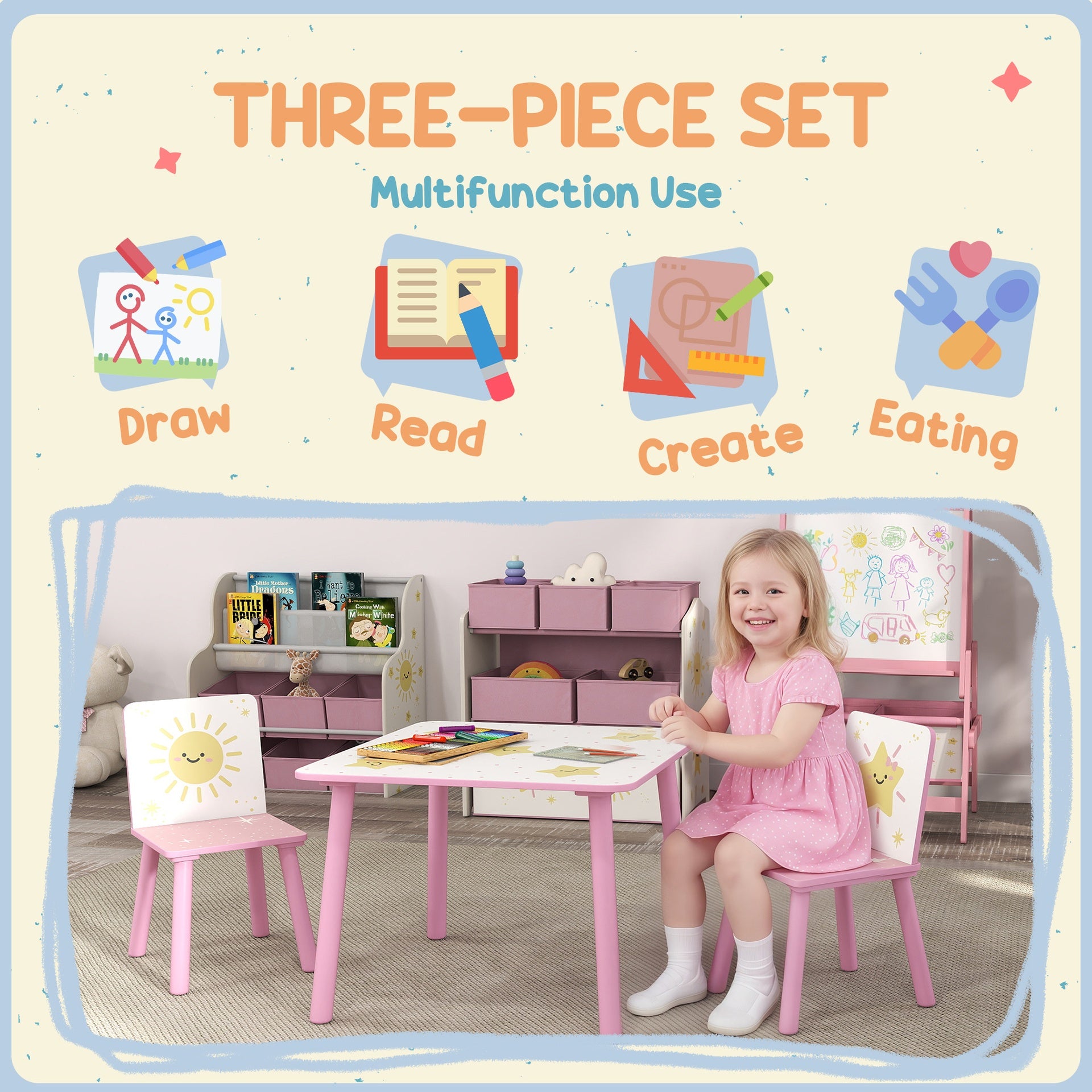 Qaba 3-Piece Kids Toddler Table and Chair Set Furniture for Boys and Girls Aged 3-8, Bedroom, Nursery, Playroom, Pink