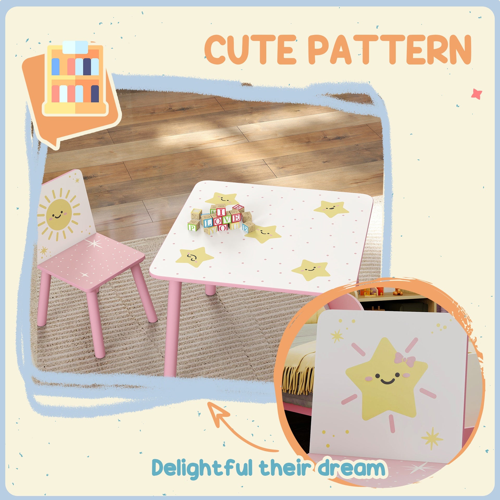 Qaba 3-Piece Kids Toddler Table and Chair Set Furniture for Boys and Girls Aged 3-8, Bedroom, Nursery, Playroom, Pink
