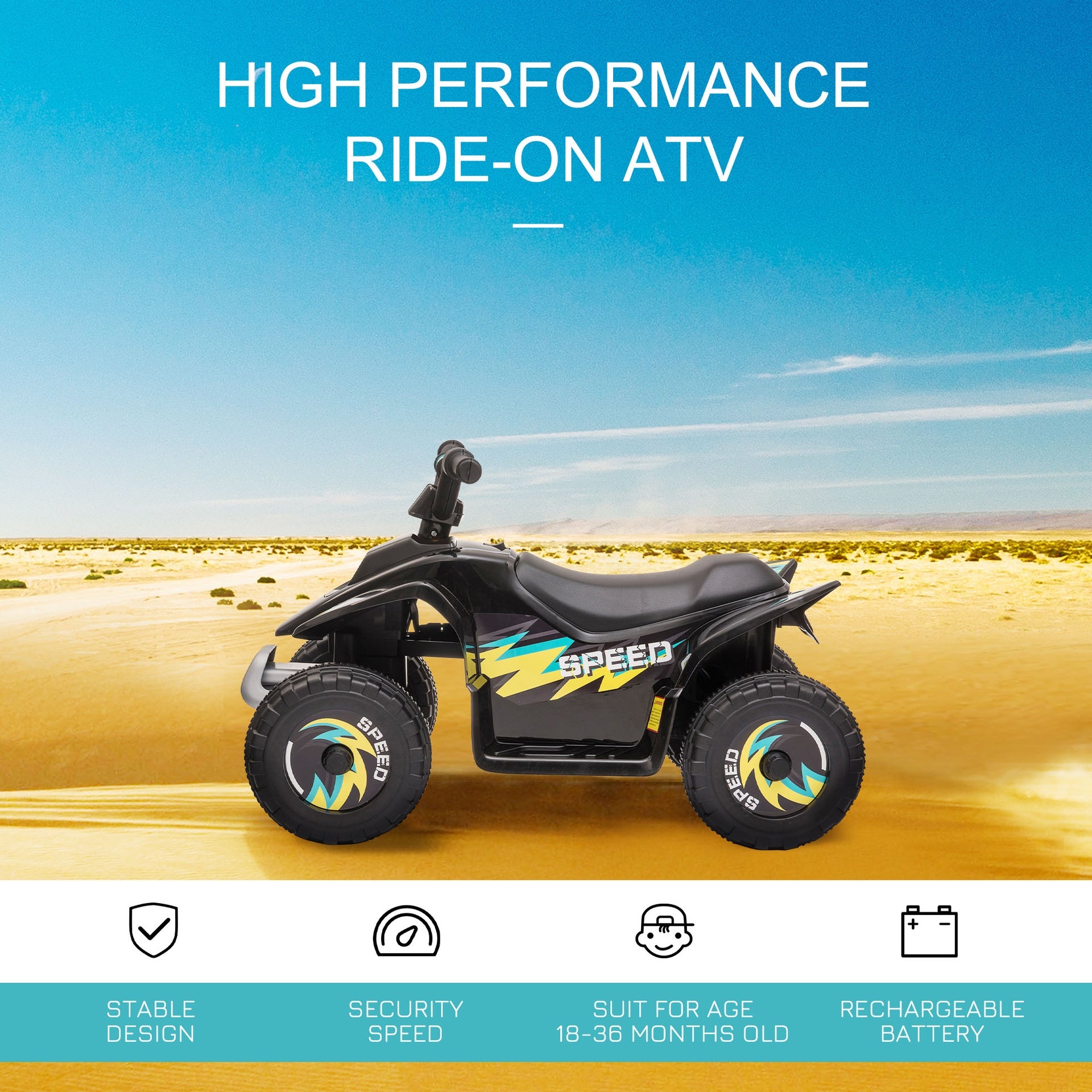 Aosom 6V Kids ATV 4-Wheeler Ride on Car, Electric Motorized Quad Battery Powered Vehicle with Forward/Reverse Switch for 18-36 Months Old Toddlers, Black