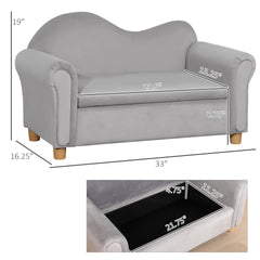 Qaba Ergonomic Foam Kids Sofa with Inner Toy Storage Chest, Velvet Kids Couch with Soft Arms, Children's Lounge Furniture, 33" x 16.25" x 19", Gray