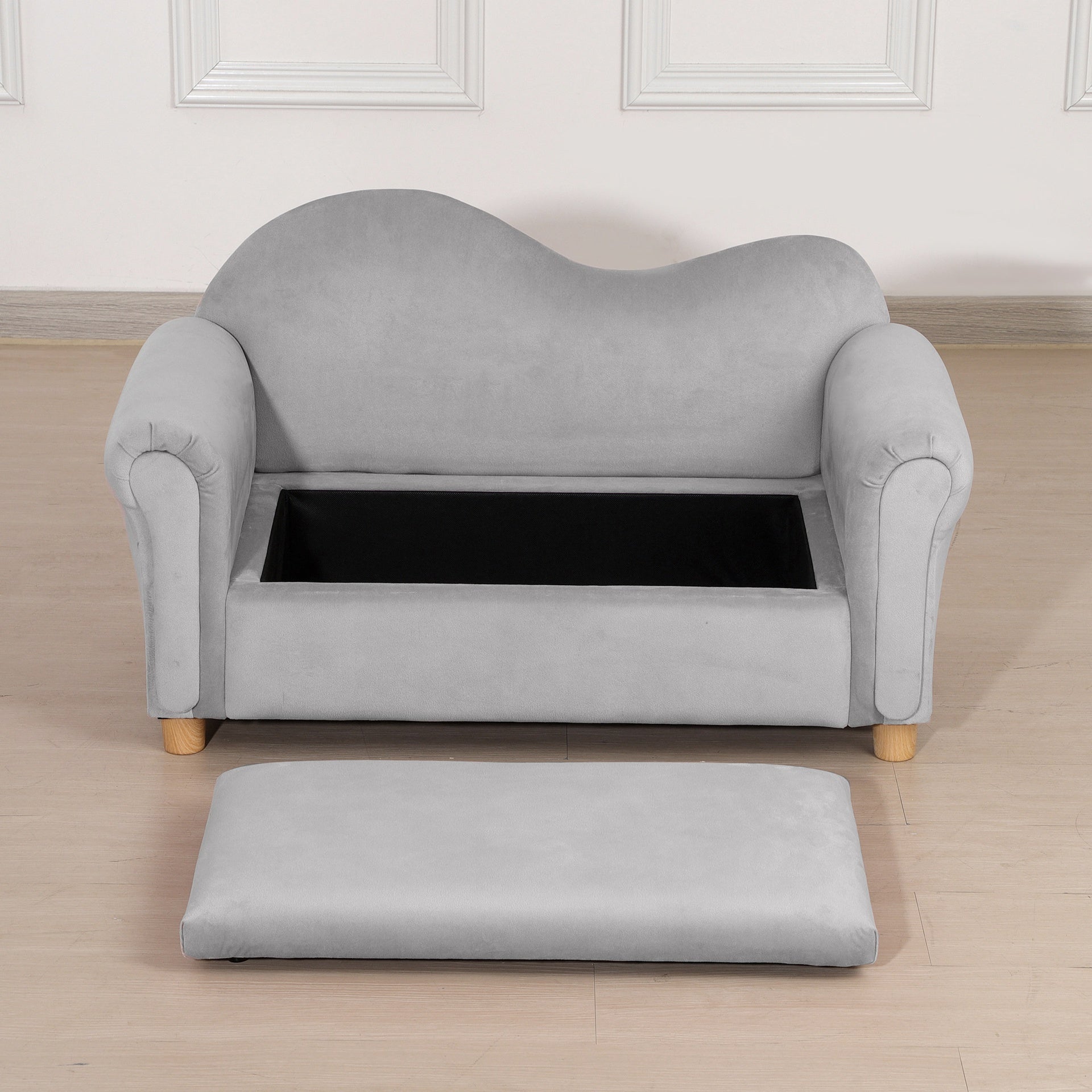 Qaba Ergonomic Foam Kids Sofa with Inner Toy Storage Chest, Velvet Kids Couch with Soft Arms, Children's Lounge Furniture, 33" x 16.25" x 19", Gray