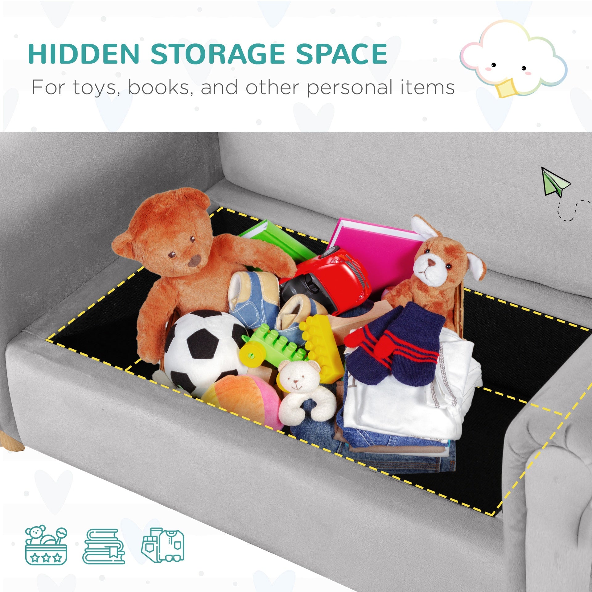 Qaba Ergonomic Foam Kids Sofa with Inner Toy Storage Chest, Velvet Kids Couch with Soft Arms, Children's Lounge Furniture, 33" x 16.25" x 19", Gray