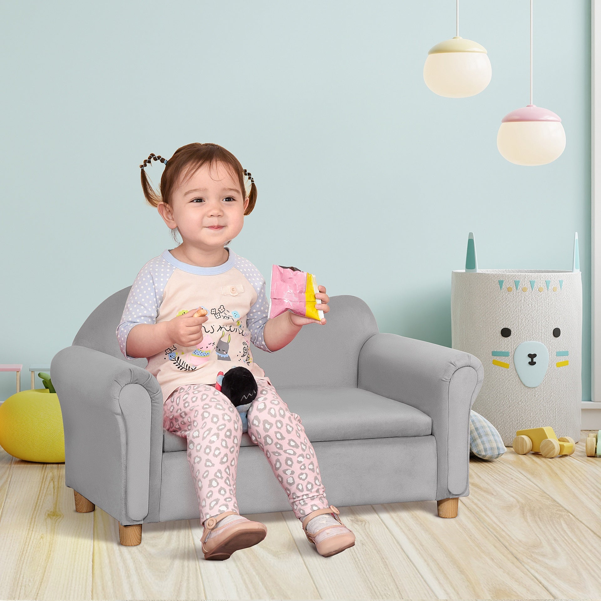 Qaba Ergonomic Foam Kids Sofa with Inner Toy Storage Chest, Velvet Kids Couch with Soft Arms, Children's Lounge Furniture, 33" x 16.25" x 19", Gray