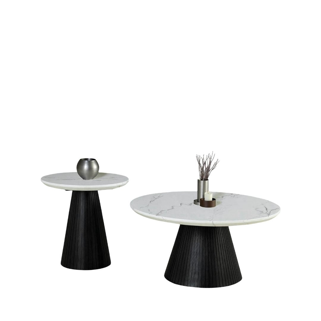 Contemporary Style 3pc Table Set 1x Round Cocktail Table 2x Round End Table Faux Marble Top Black Finish Primary Living Room
