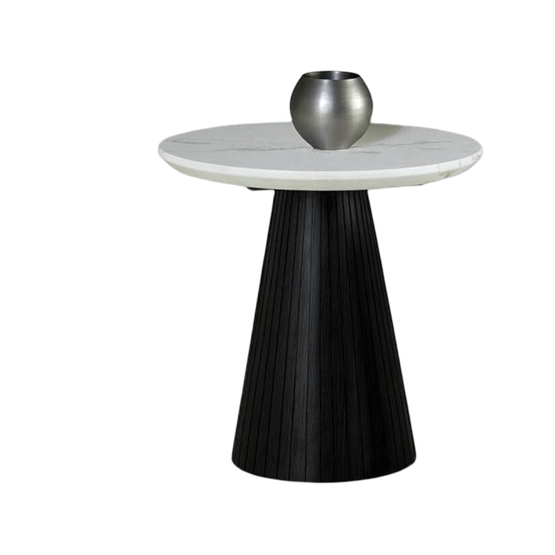Contemporary Style Round End Table Faux Marble Top Black Finish Primary Living Room