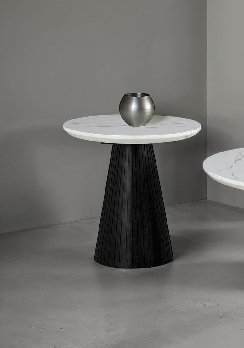 Contemporary Style Round End Table Faux Marble Top Black Finish Primary Living Room