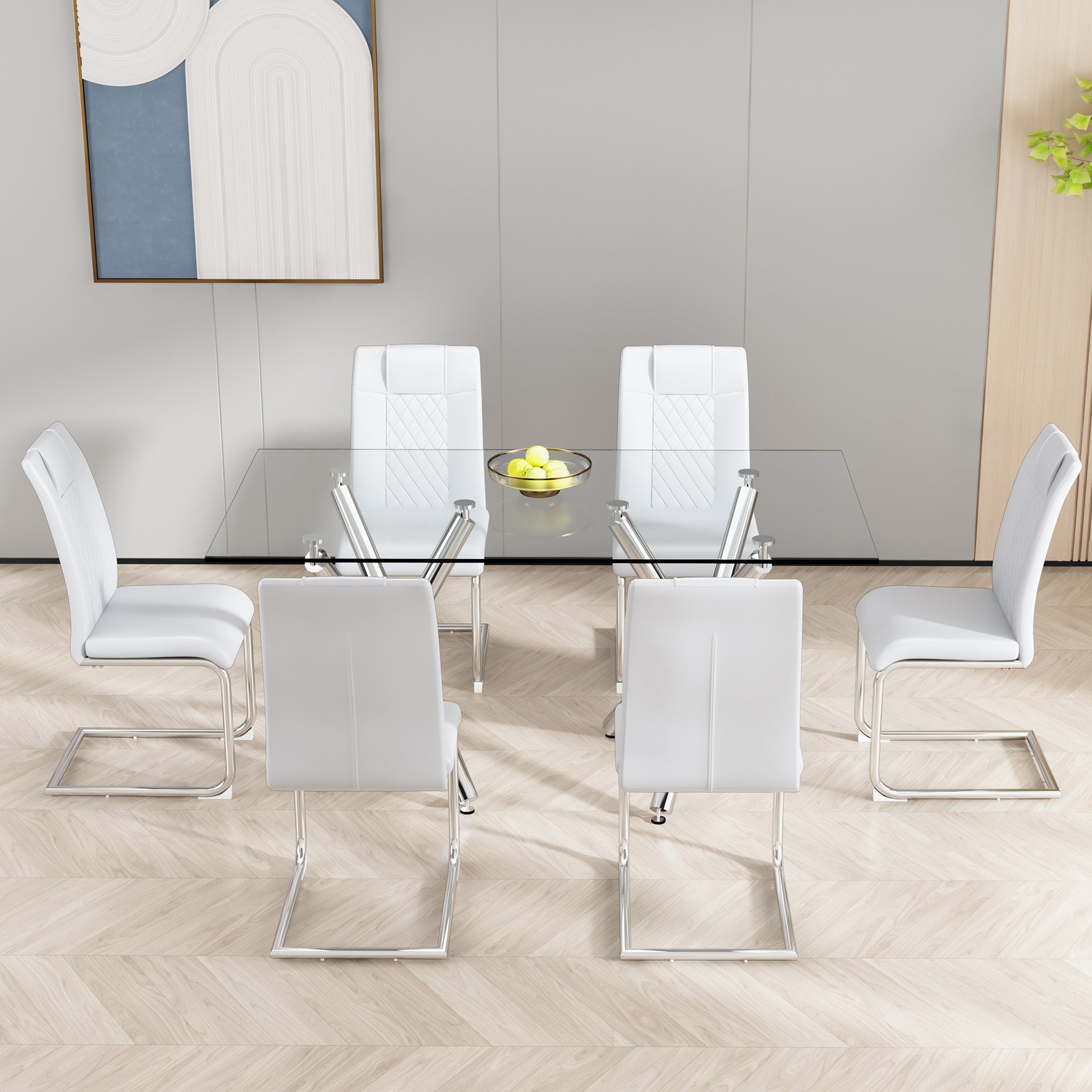 Modern Dining Chairs with Faux Leather Padded Seat Dining Living Room Chairs Upholstered Chair with Metal Legs Design for Kitchen, Living, Bedroom, Dining Room Side Chairs Set of 6 (White+PU )C-001