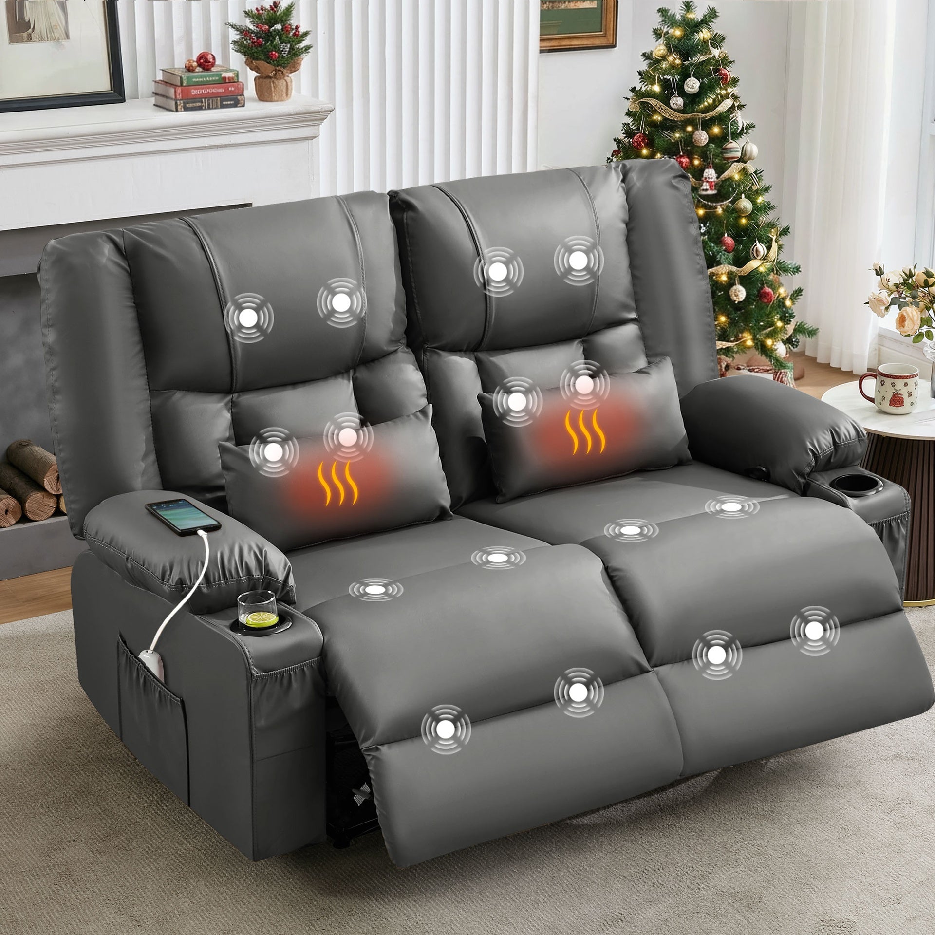 Recliner Loveseat with Massage and Heating for Living Room,Love Seat Manual Oversized Recliner with Cup Holders,Side Pocket for Adult,GREY
