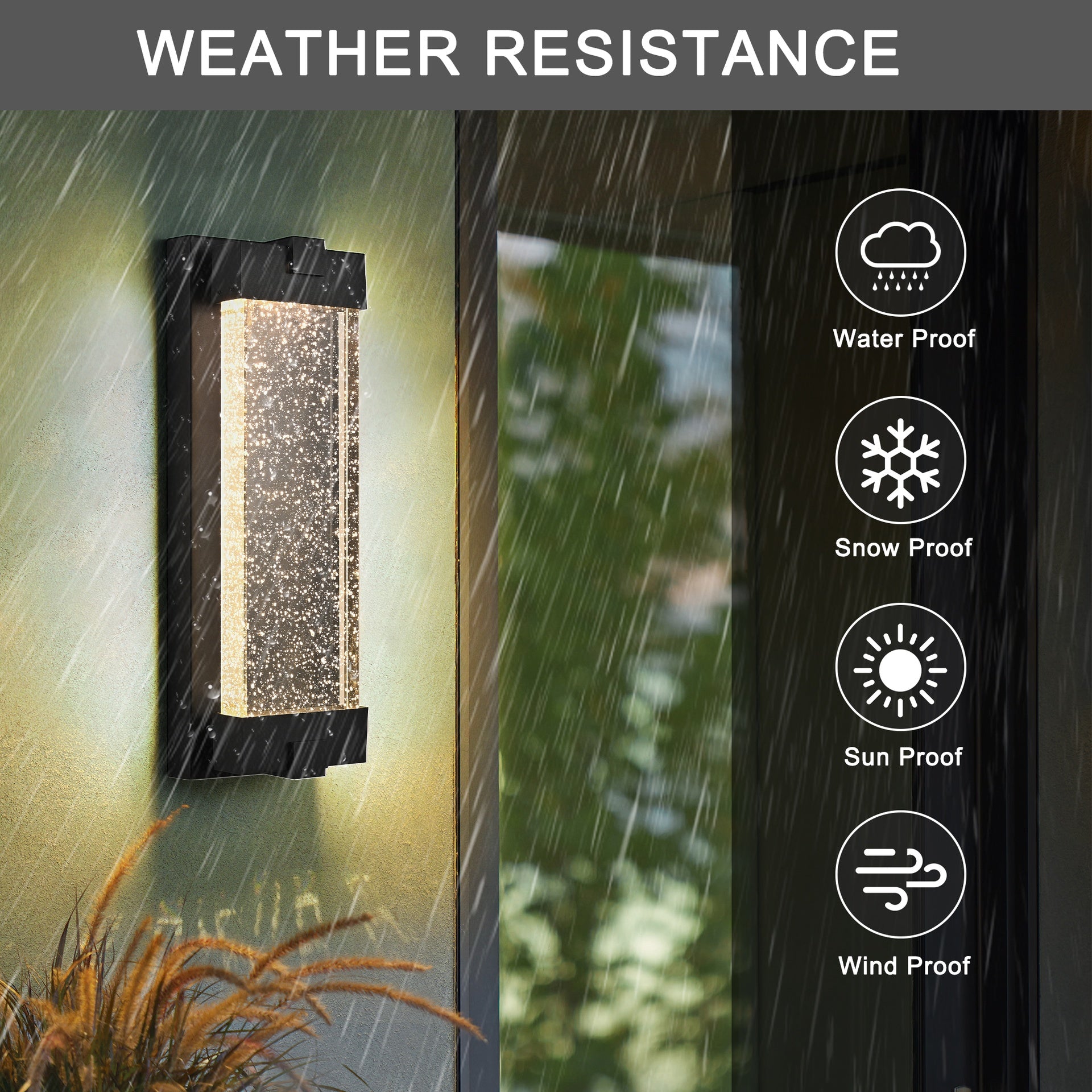 19"(H) Black Aluminum Finish Outdoor Wall Light with Bubble Crystal Glass, LED Light Source, 3000K Warm Light, Weatherproof Exterior Sconce for Patio, Porch, or Garage (1-pack)