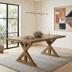 Enna Morden Farmhouse Wood Trestle Dining Table, Brushed Driftwood Finish