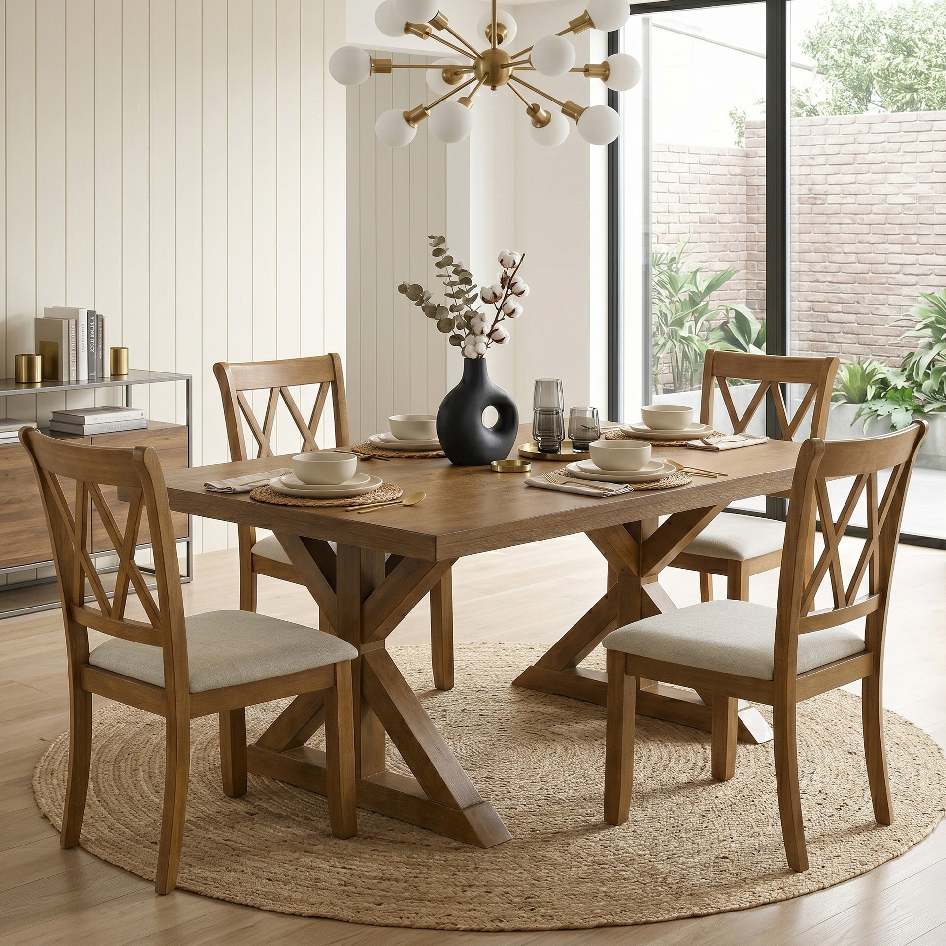 Enna Morden Farmhouse Wood Trestle Dining Table, Brushed Driftwood Finish