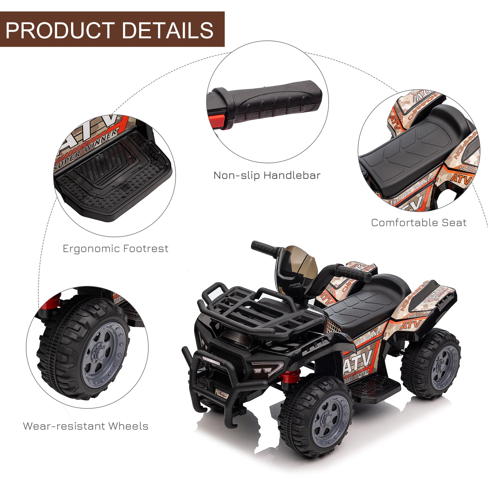 Aosom Kids ATV Four Wheeler  Ride on Car, Motorized Quad, 6V Battery Powered Electric Quad with Songs for 18-36 Months, Black