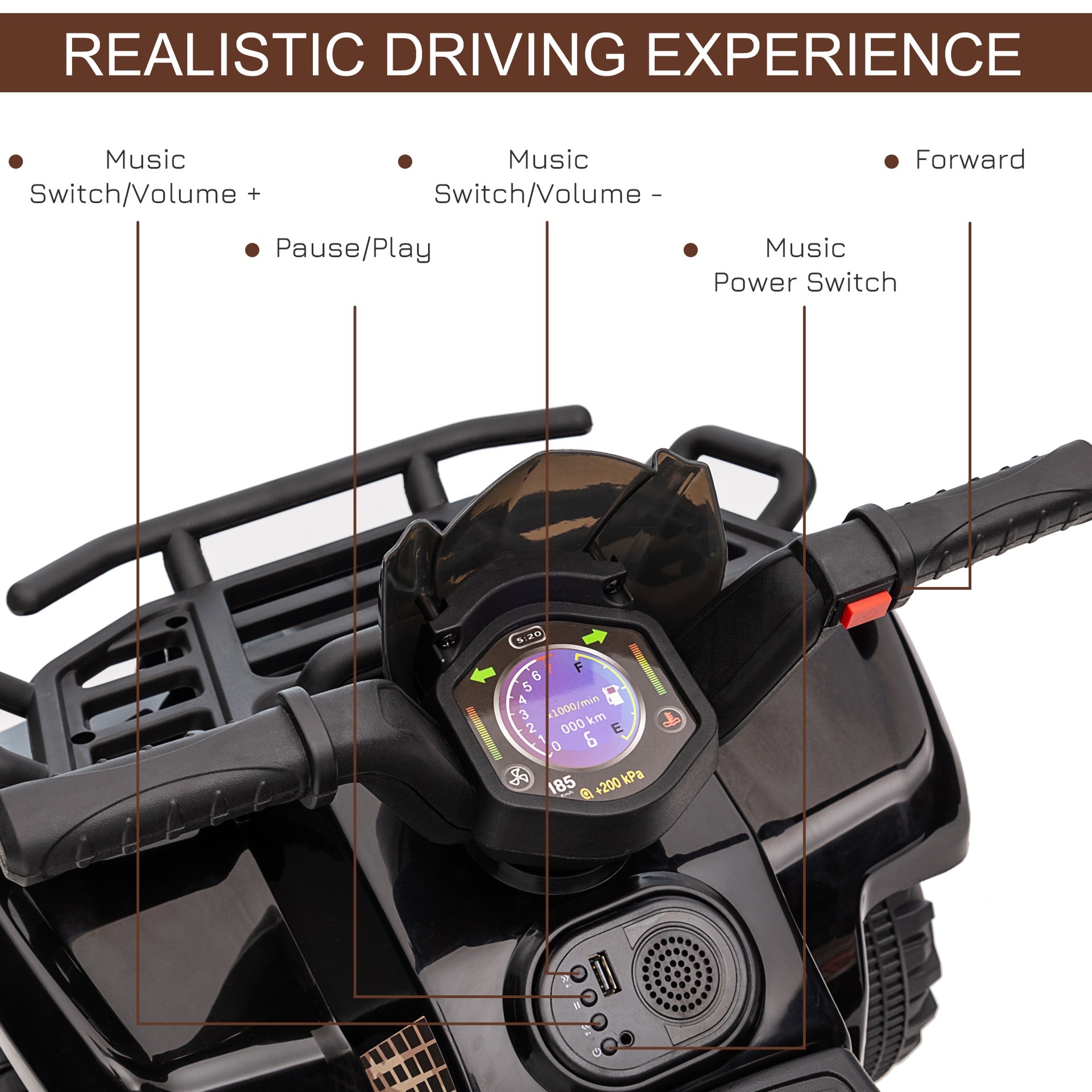 Aosom Kids ATV Four Wheeler  Ride on Car, Motorized Quad, 6V Battery Powered Electric Quad with Songs for 18-36 Months, Black