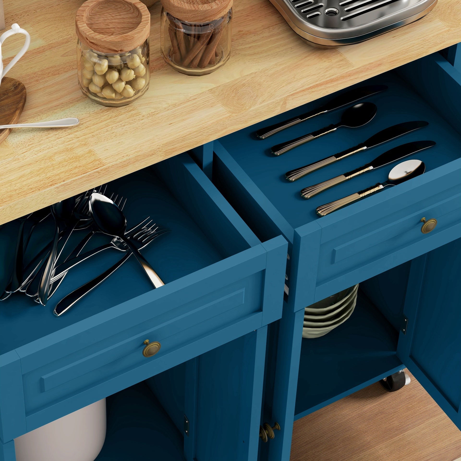 HOMCOM Kitchen Island on Wheels, Rolling Cart with Rubberwood Top, Spice Rack, Towel Rack and Drawers, Turquoise