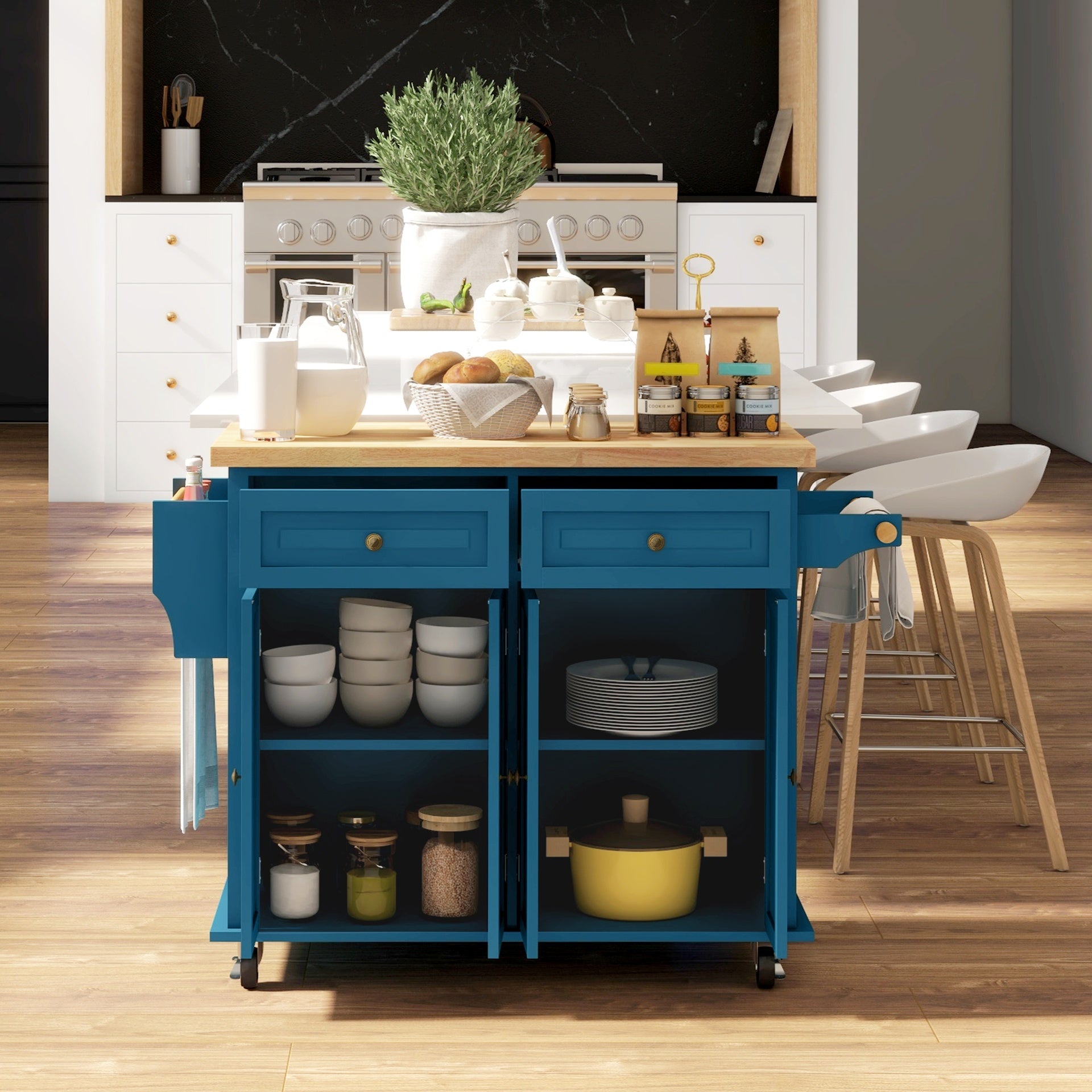 HOMCOM Kitchen Island on Wheels, Rolling Cart with Rubberwood Top, Spice Rack, Towel Rack and Drawers, Turquoise