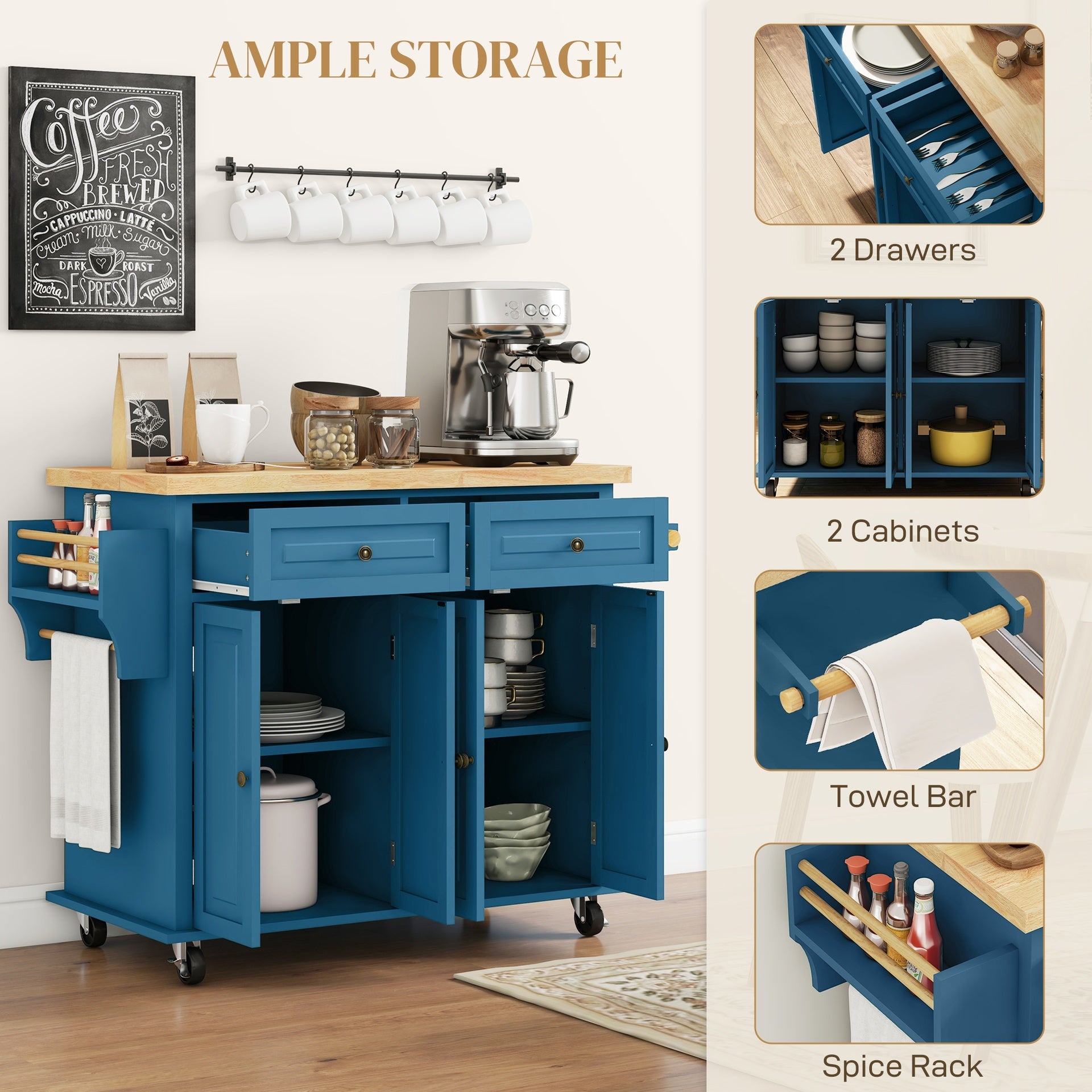 HOMCOM Kitchen Island on Wheels, Rolling Cart with Rubberwood Top, Spice Rack, Towel Rack and Drawers, Turquoise