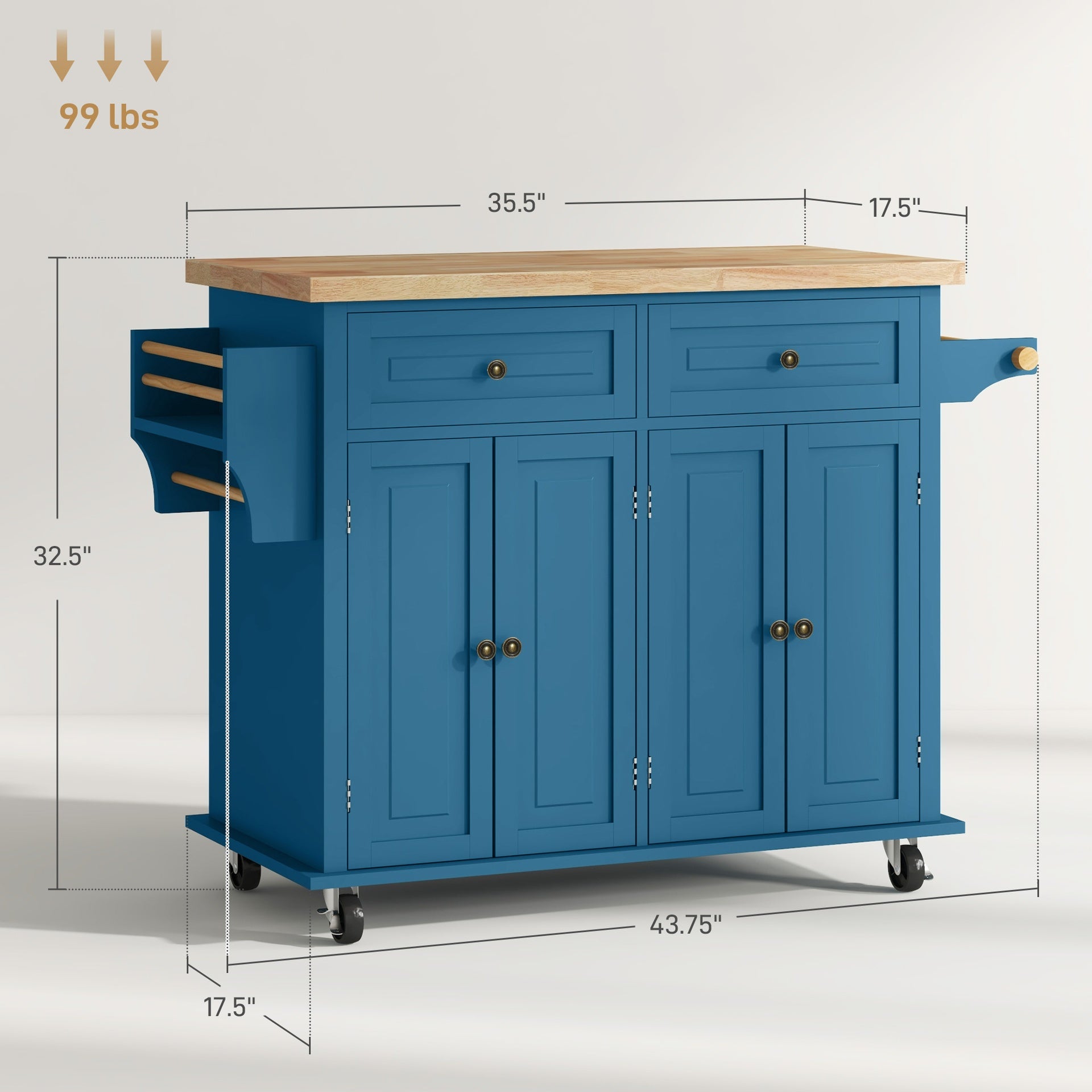 HOMCOM Kitchen Island on Wheels, Rolling Cart with Rubberwood Top, Spice Rack, Towel Rack and Drawers, Turquoise