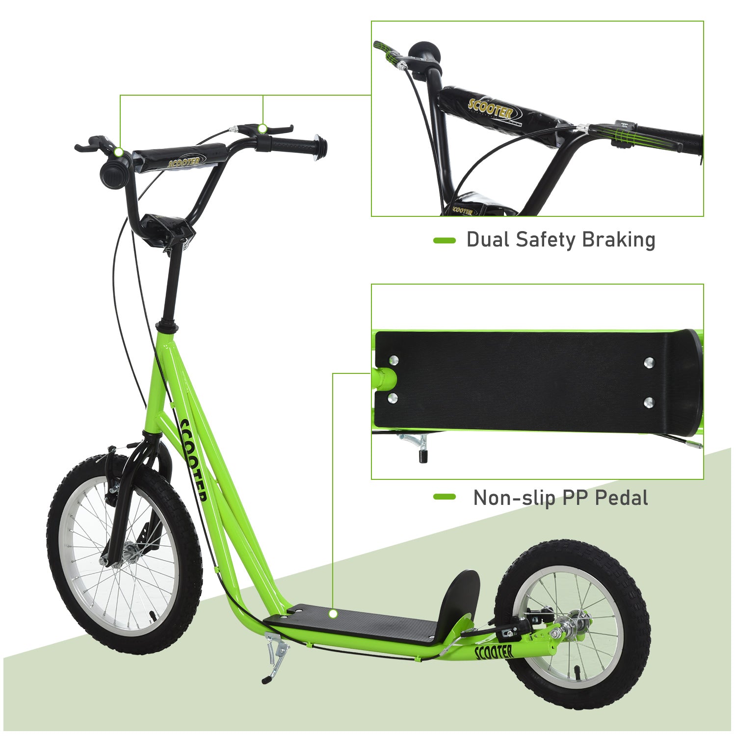Aosom Teens Youth Scooter Ride On Toy with Adjustable Handlebar, Dual Brakes, and Inflatable Wheels For Kids 5+ - Green