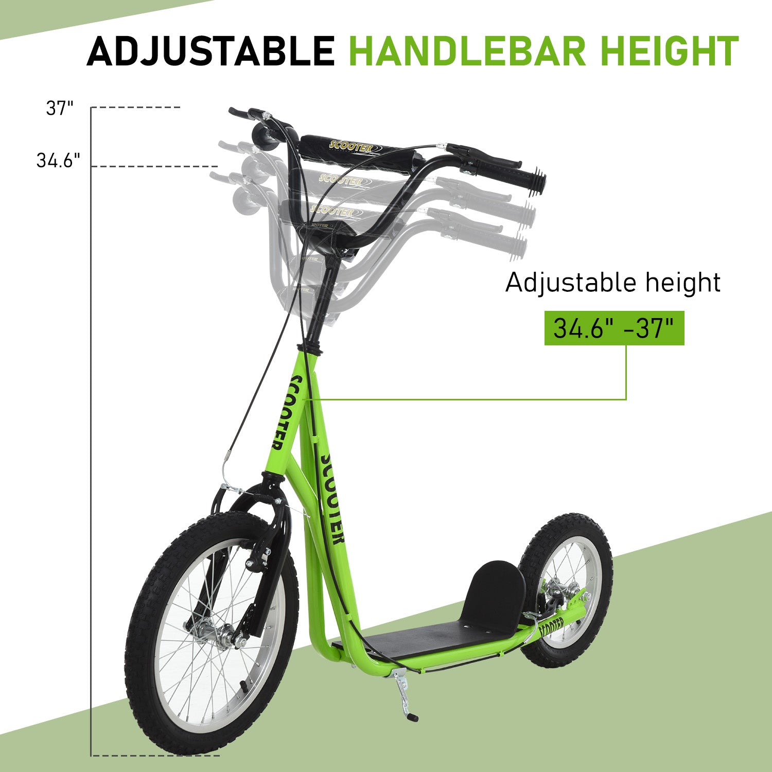 Aosom Teens Youth Scooter Ride On Toy with Adjustable Handlebar, Dual Brakes, and Inflatable Wheels For Kids 5+ - Green