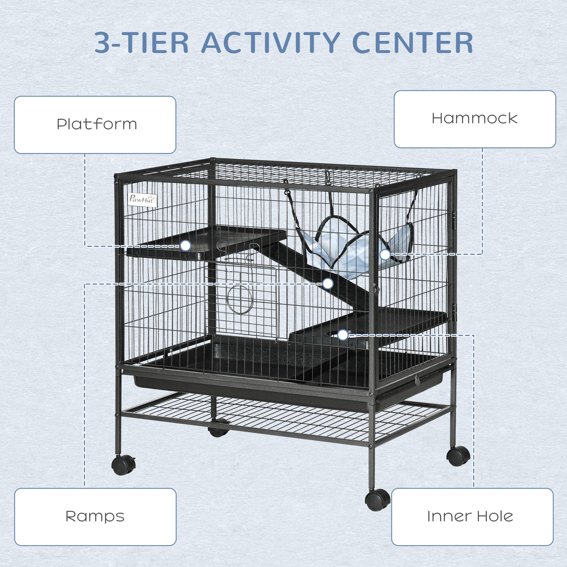 PawHut Small Animal Cage with Wheels, Pet Playpen for Rat, Syrian Hamster, Kitten, Ferrets, Chinchillas with Bottom Storage Shelf, Removable Tray, Ramp, 31.5" x 20.5" x 33.1"
