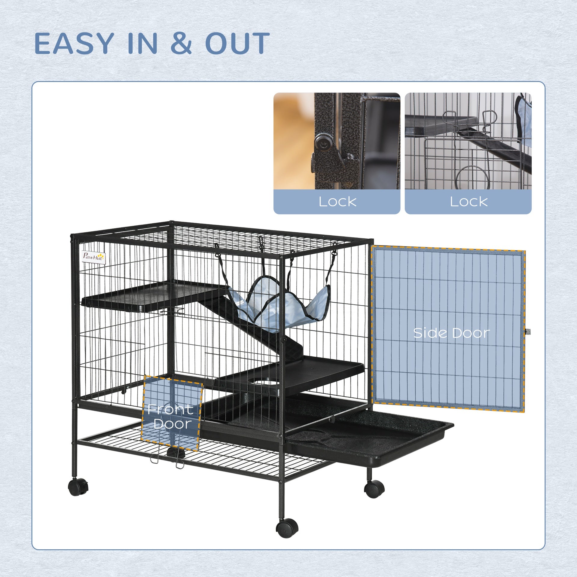 PawHut Small Animal Cage with Wheels, Pet Playpen for Rat, Syrian Hamster, Kitten, Ferrets, Chinchillas with Bottom Storage Shelf, Removable Tray, Ramp, 31.5" x 20.5" x 33.1"